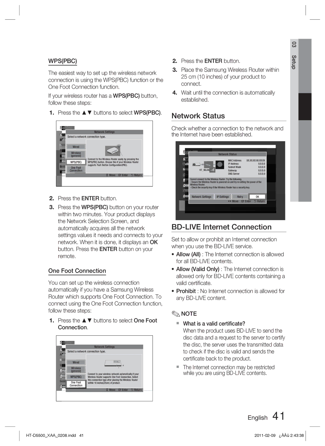 Samsung D5500 user manual Network Status, BD-LIVE Internet Connection, One Foot Connection, Press the Enter button 