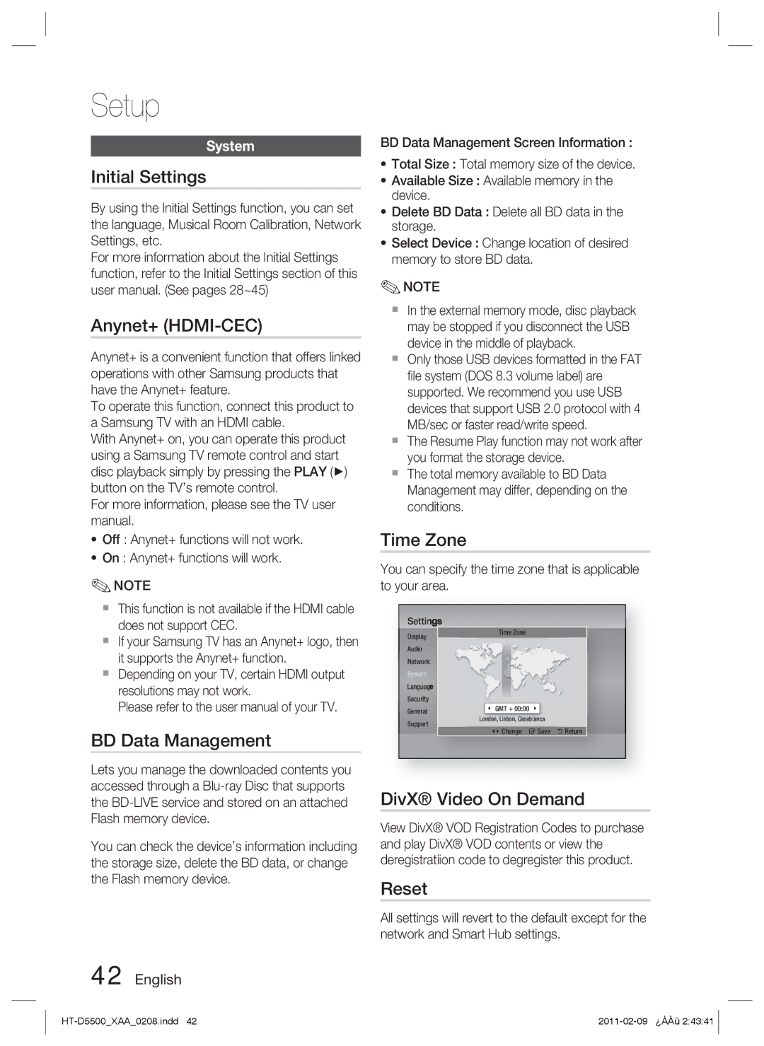 Samsung D5500 user manual Initial Settings, Anynet+ HDMI-CEC, BD Data Management, Time Zone, DivX Video On Demand, Reset 