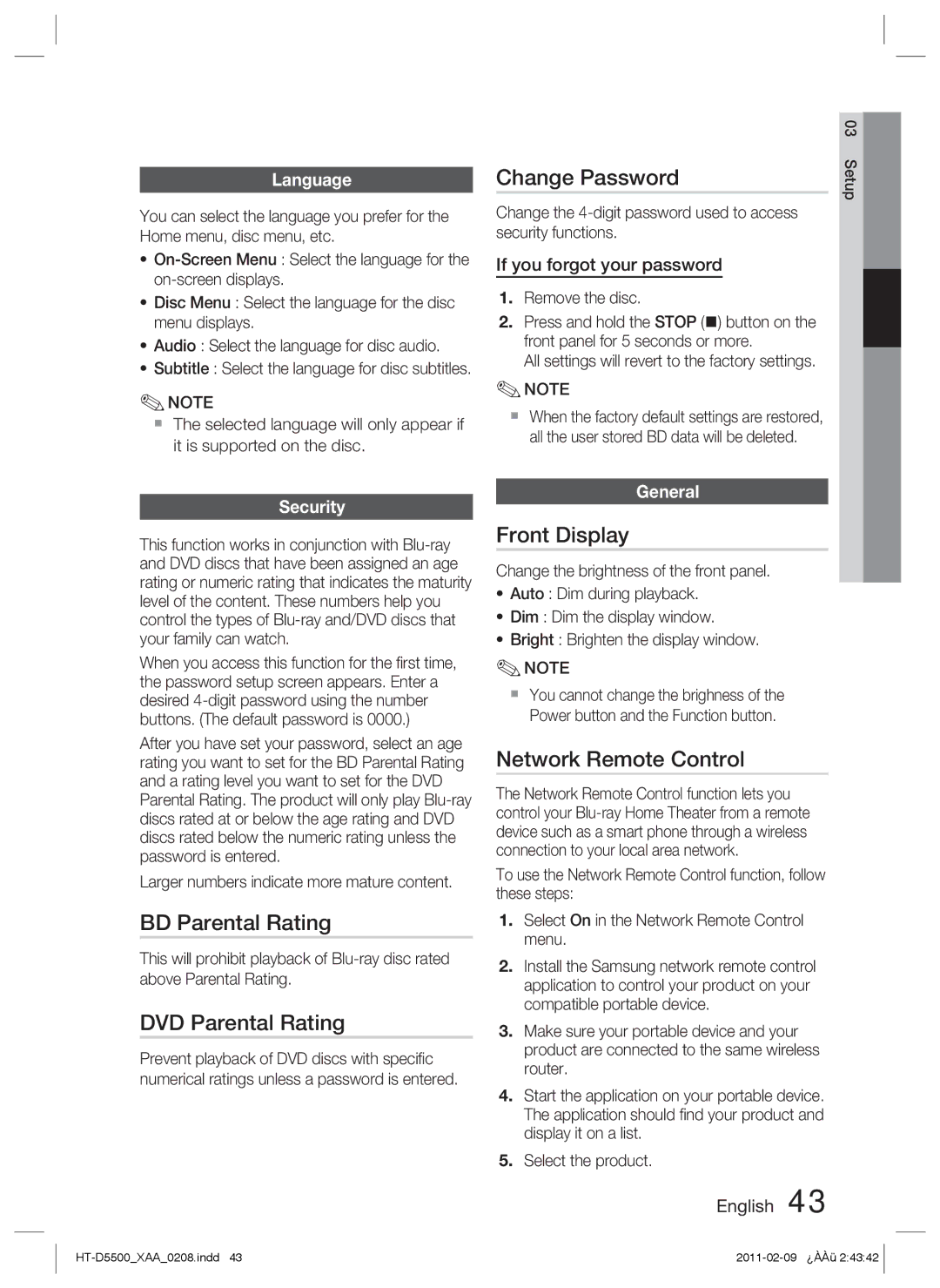 Samsung D5500 user manual Change Password, BD Parental Rating, DVD Parental Rating, Front Display, Network Remote Control 