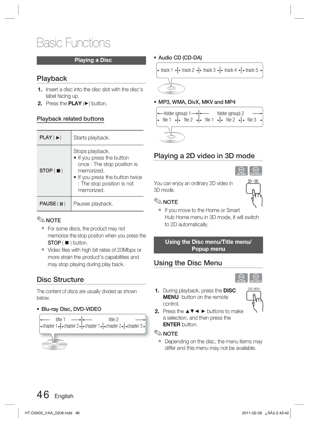 Samsung D5500 user manual Basic Functions, Playback, Disc Structure, Playing a 2D video in 3D mode, Using the Disc Menu 