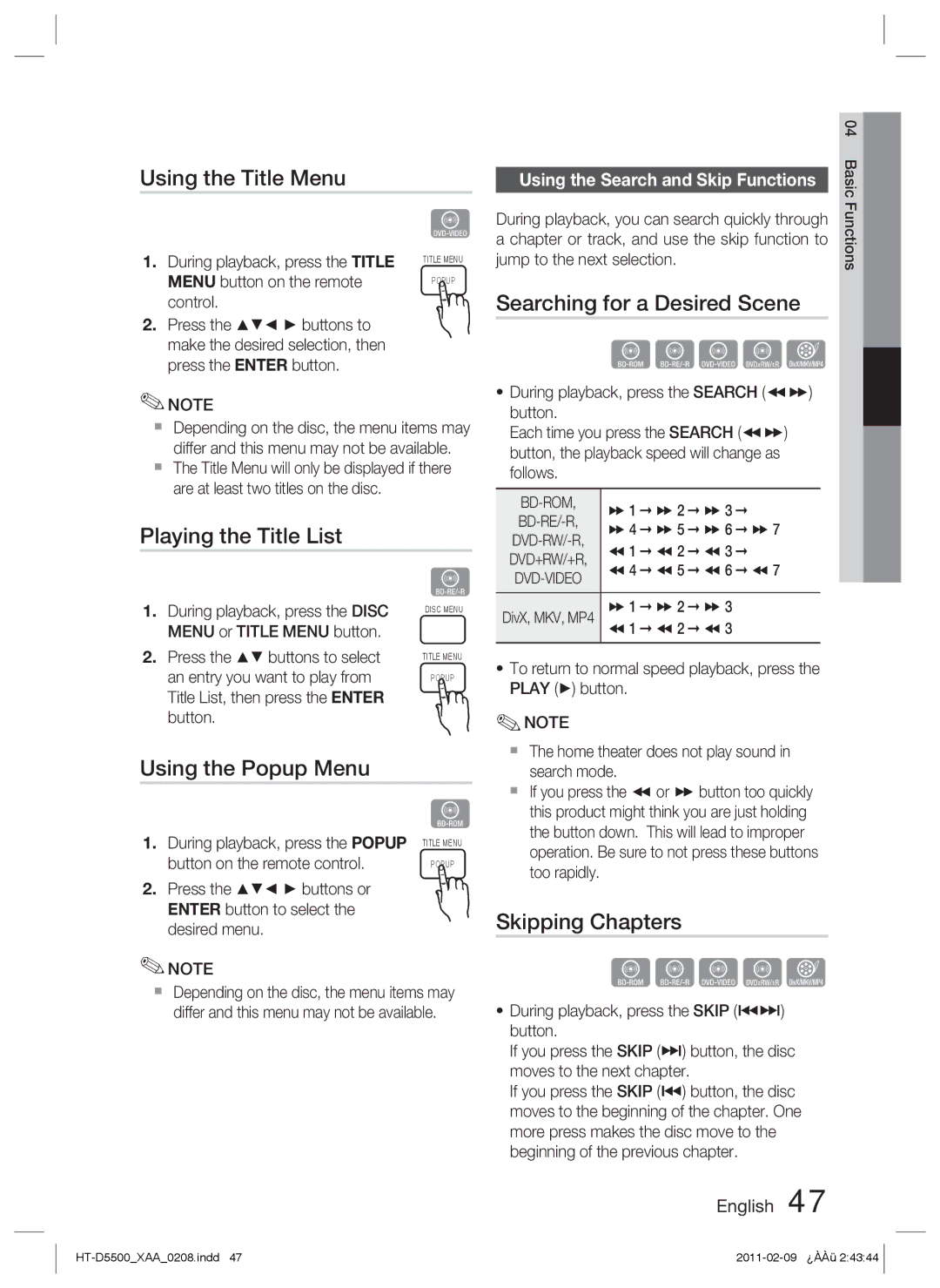 Samsung D5500 user manual Using the Title Menu, Searching for a Desired Scene, Playing the Title List, Using the Popup Menu 