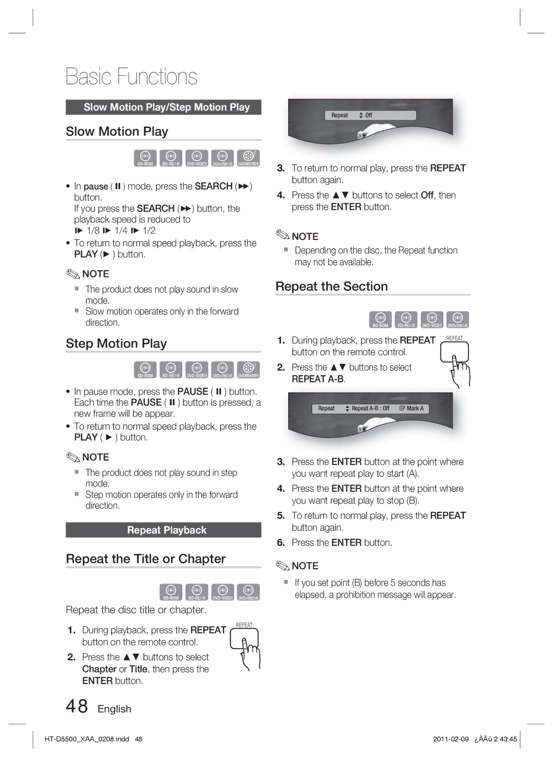 Samsung D5500 user manual Slow Motion Play, Step Motion Play, Repeat the Title or Chapter, Repeat the Section 