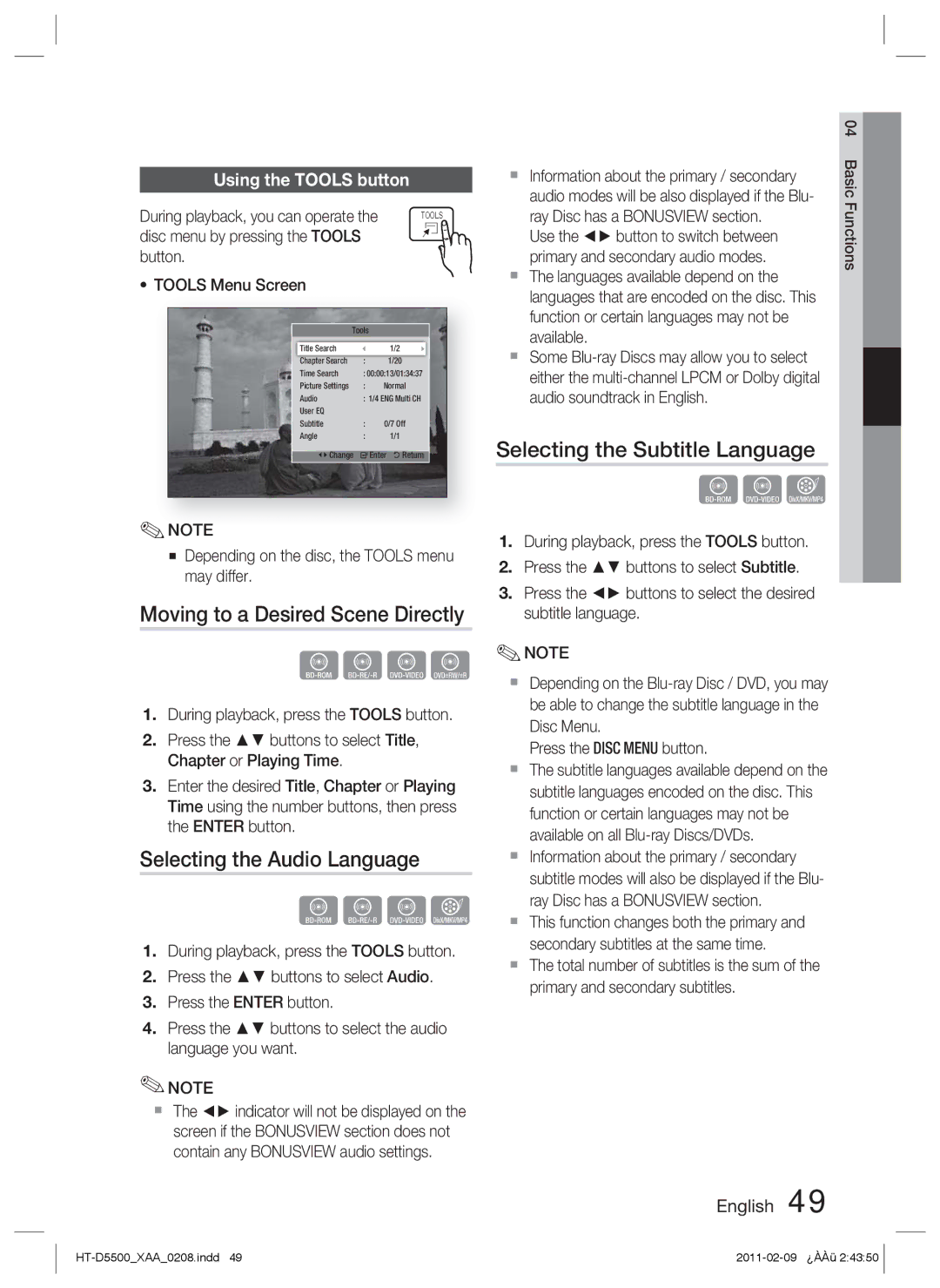 Samsung D5500 user manual Moving to a Desired Scene Directly, Selecting the Audio Language, Selecting the Subtitle Language 