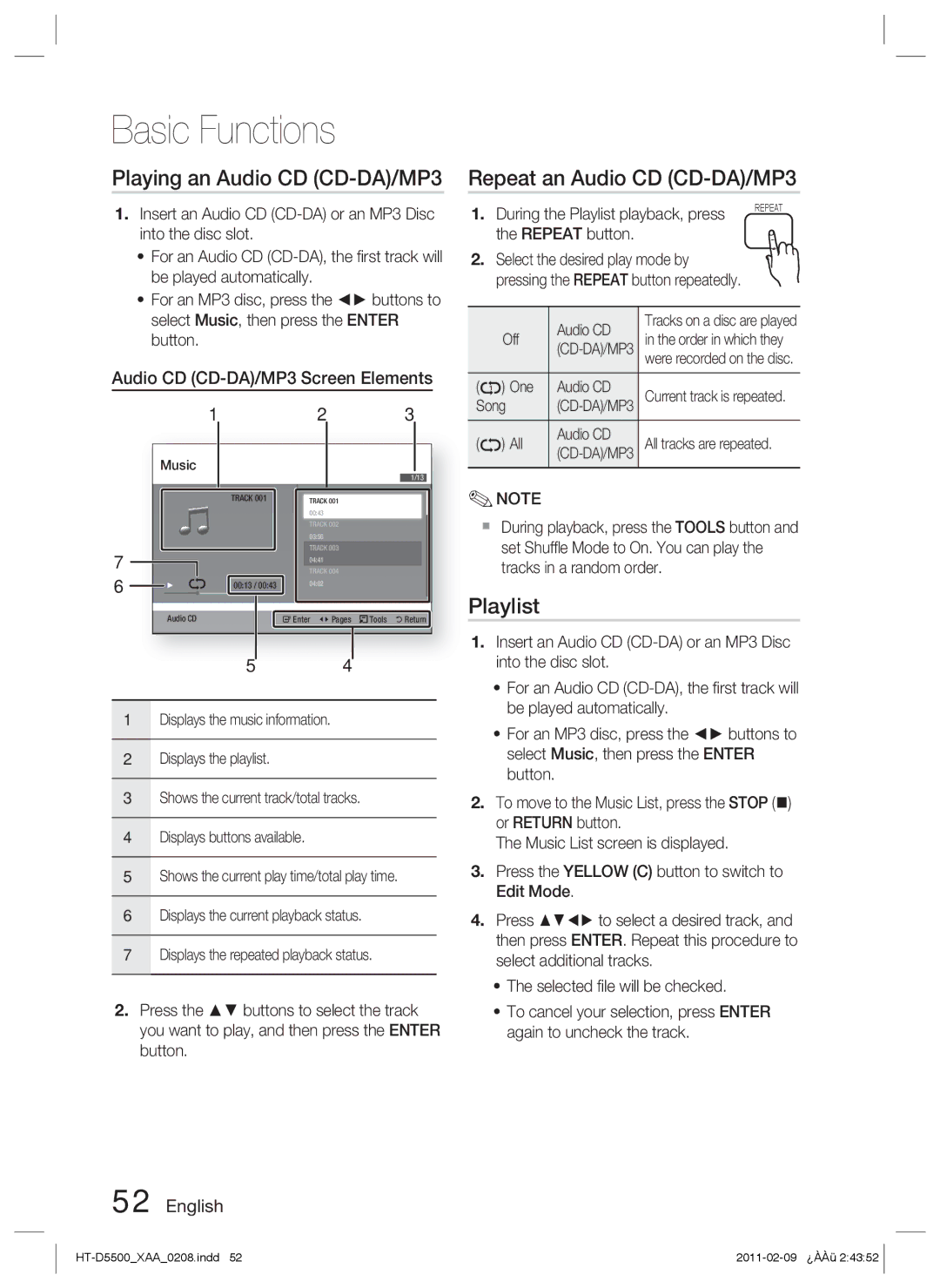 Samsung D5500 Playing an Audio CD CD-DA/MP3, Repeat an Audio CD CD-DA/MP3, Playlist, Audio CD CD-DA/MP3 Screen Elements 