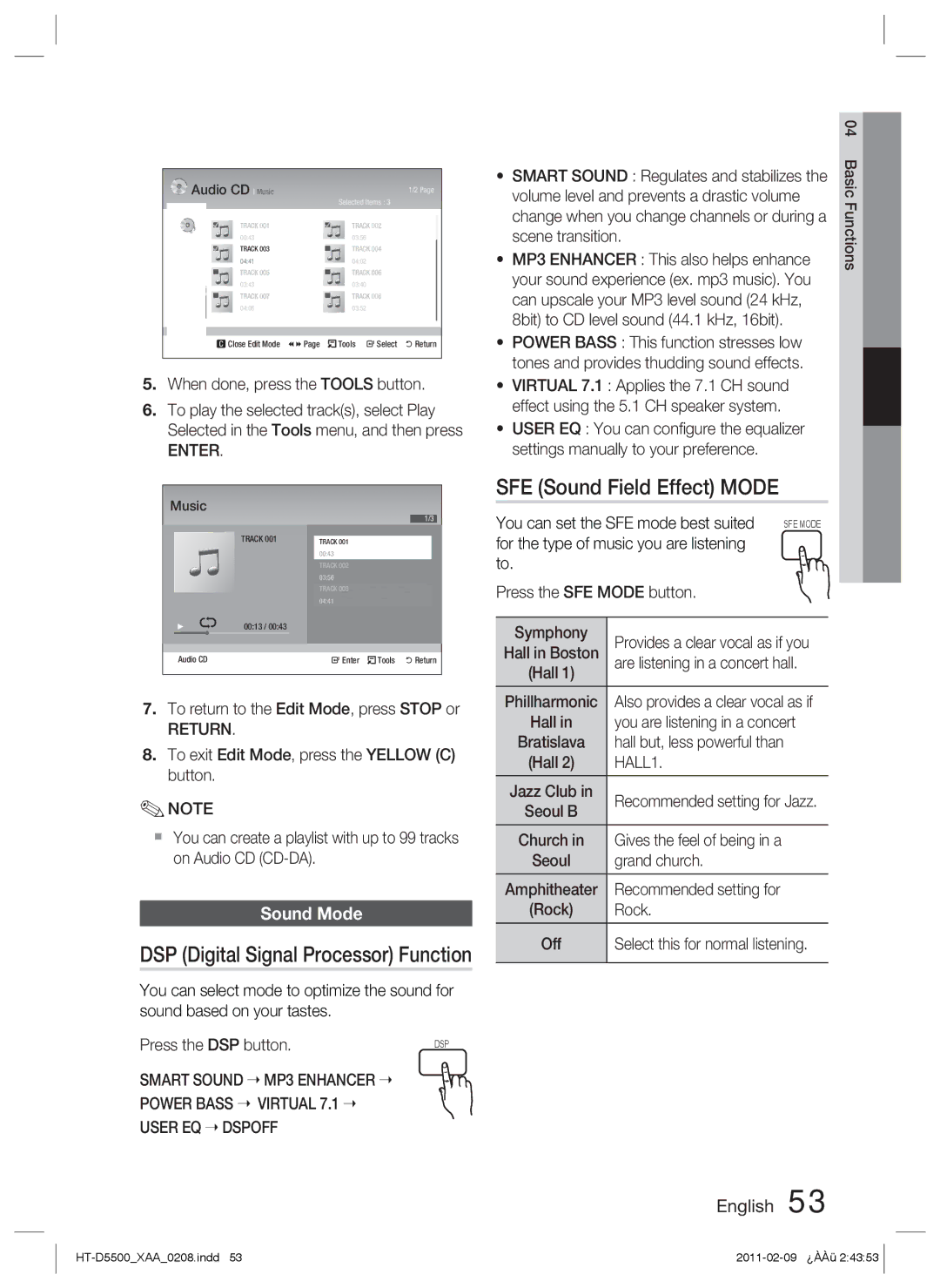 Samsung D5500 user manual SFE Sound Field Effect Mode, Sound Mode 