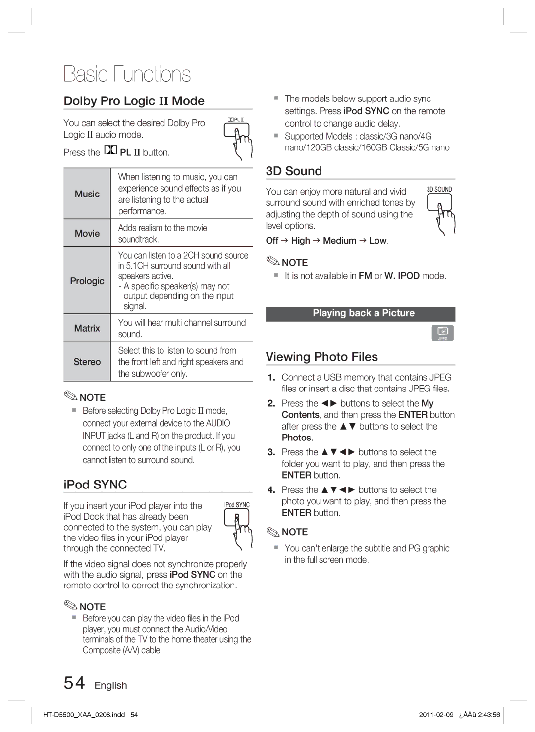 Samsung D5500 user manual Dolby Pro Logic II Mode, IPod Sync, 3D Sound, Viewing Photo Files, Playing back a Picture 