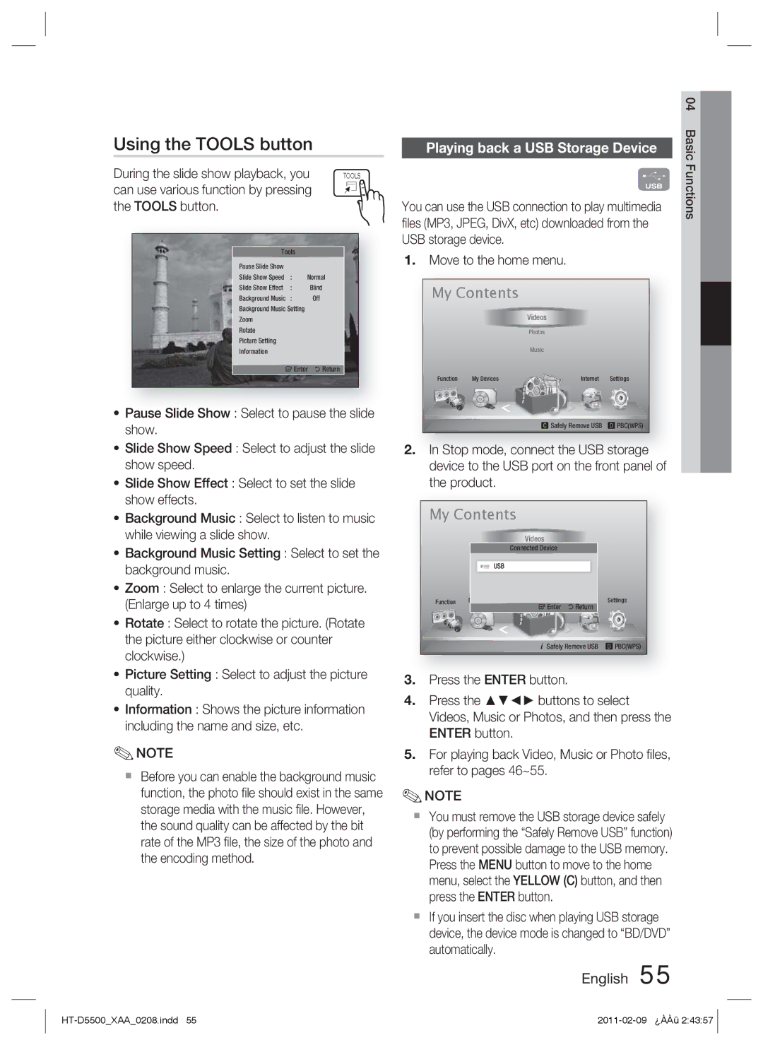 Samsung D5500 user manual Using the Tools button, Playing back a USB Storage Device, Can use various function by pressing 