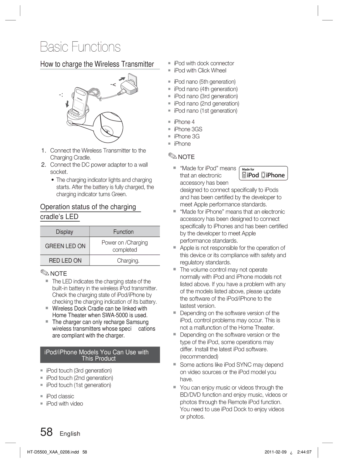 Samsung D5500 user manual IPod/iPhone Models You Can Use with This Product, Green LED on, RED LED on 