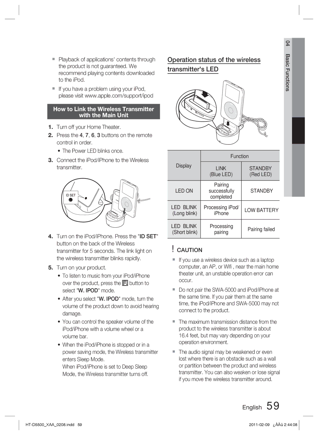 Samsung D5500 user manual How to Link the Wireless Transmitter With the Main Unit, LED Blink 