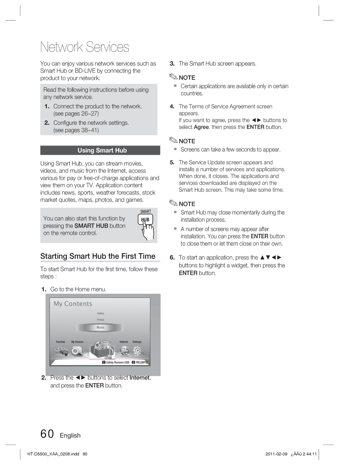 Samsung D5500 user manual Network Services, Starting Smart Hub the First Time, Using Smart Hub 