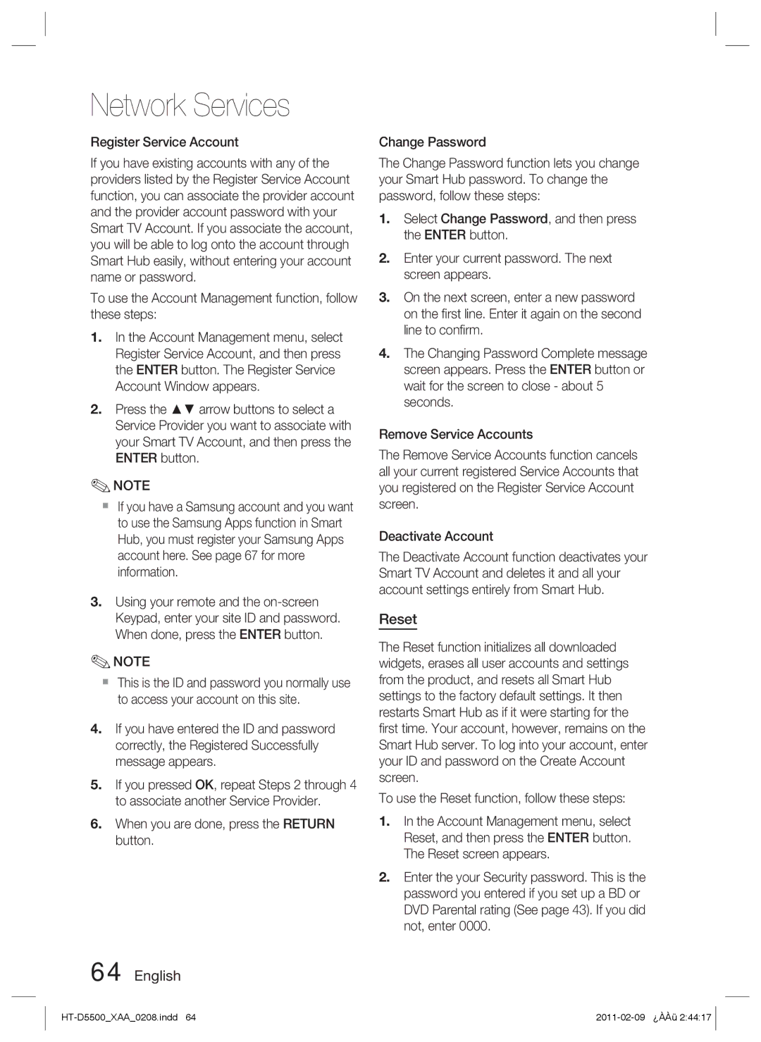 Samsung D5500 user manual Reset, Register Service Account, To use the Account Management function, follow these steps 