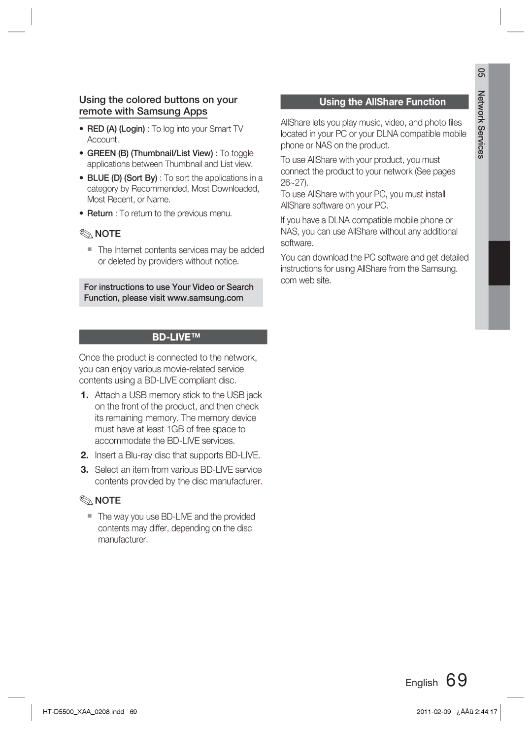 Samsung D5500 user manual Using the colored buttons on your remote with Samsung Apps, Using the AllShare Function 