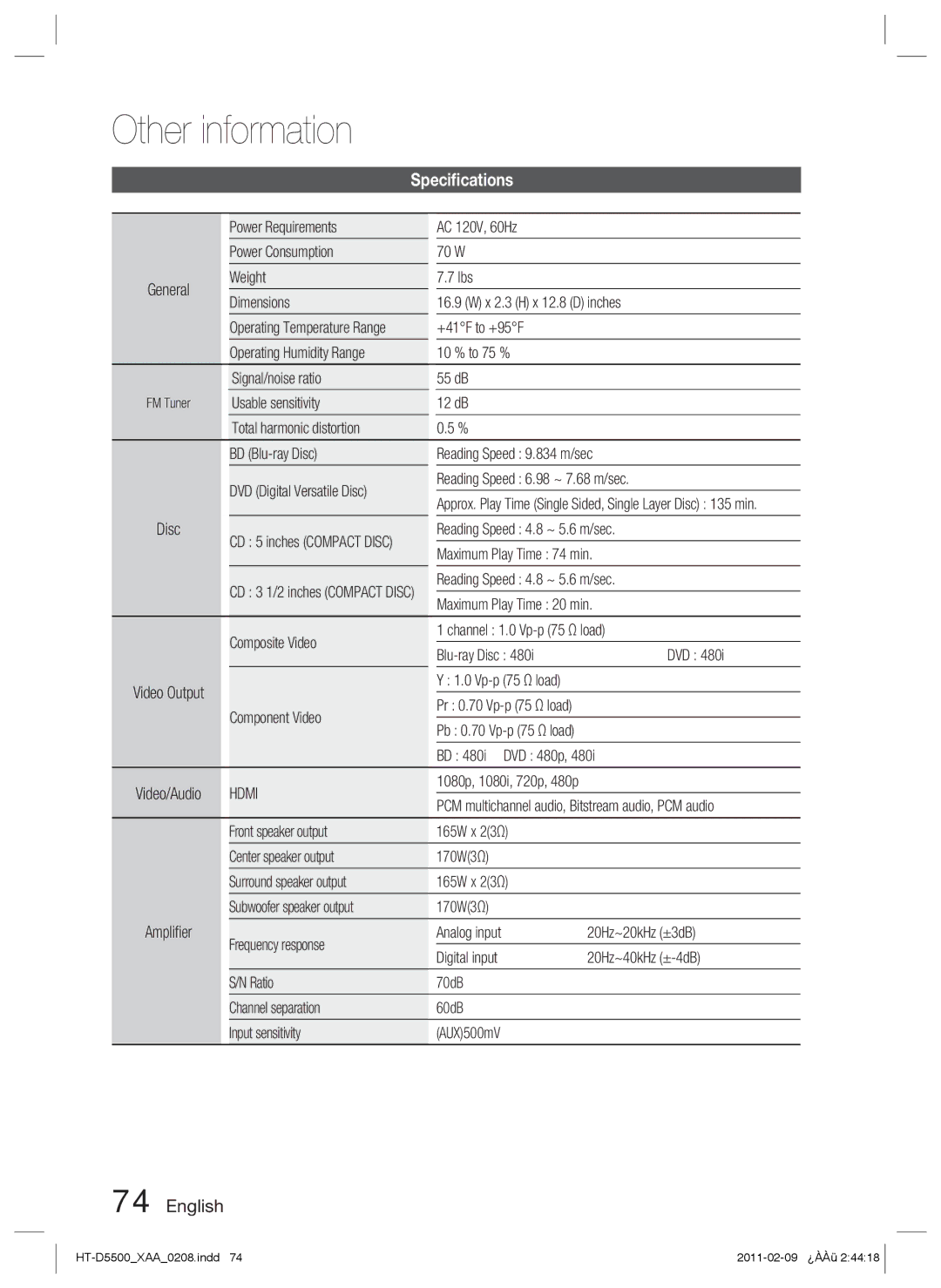 Samsung D5500 user manual Speciﬁcations 