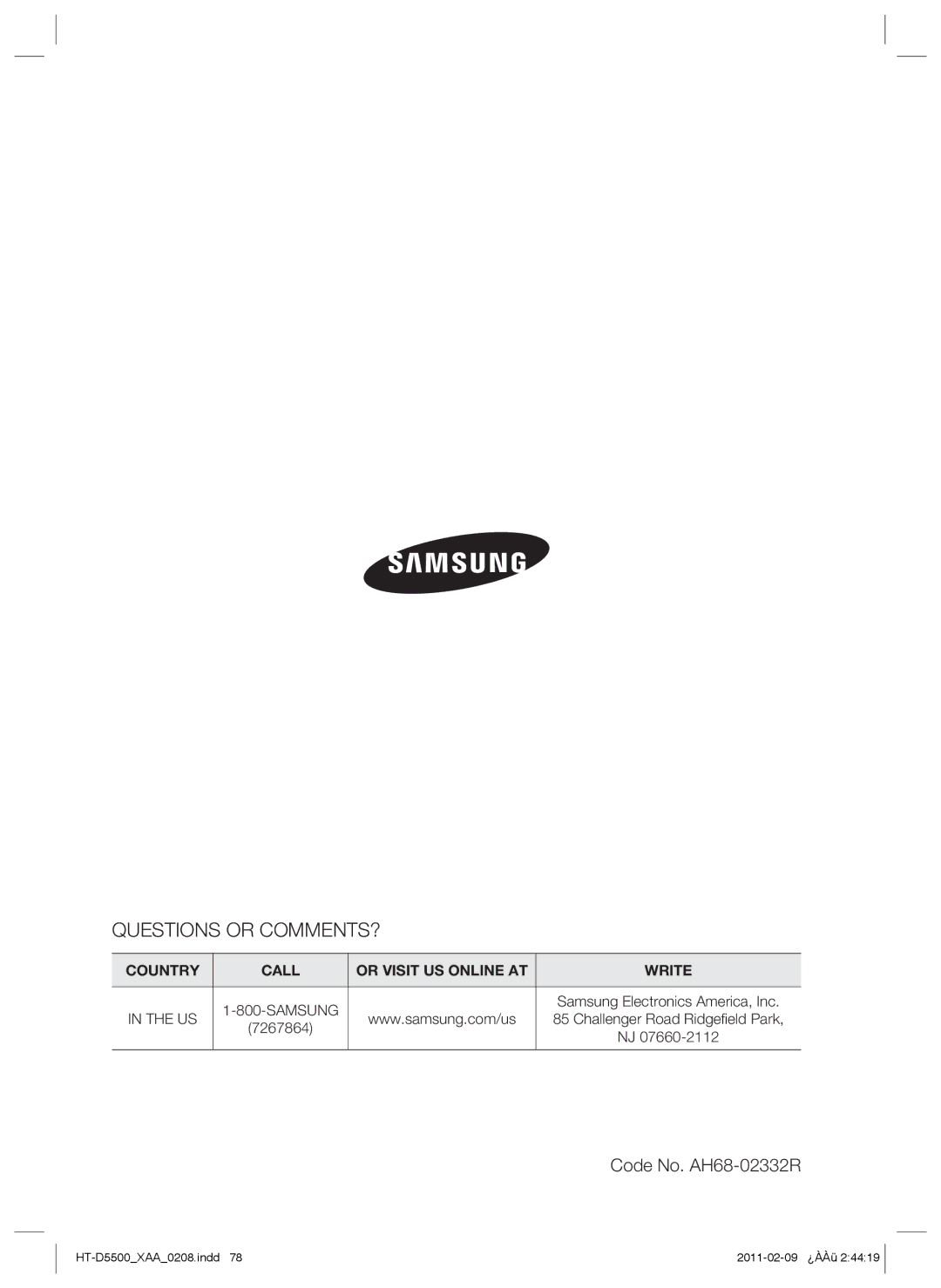 Samsung D5500 user manual Code No. AH68-02332R, Samsung Electronics America, Inc, Challenger Road Ridgeﬁeld Park, 7267864 