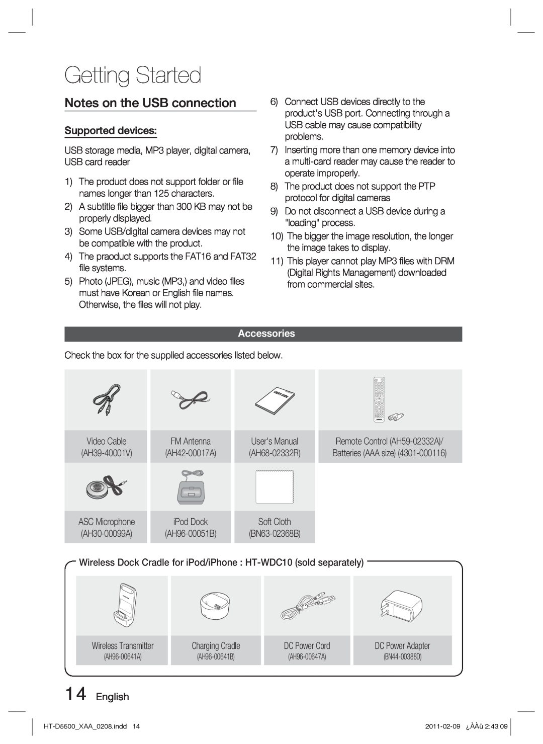 Samsung D5500 user manual Notes on the USB connection, Accessories, Getting Started 
