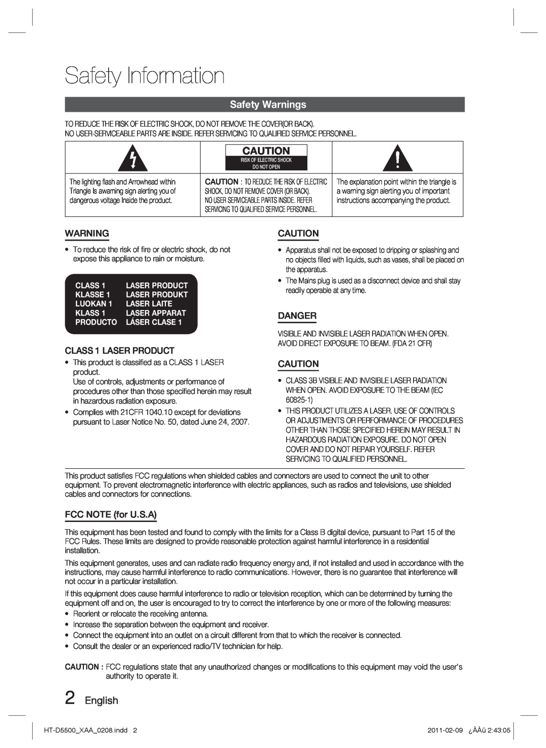 Samsung D5500 user manual Safety Information, Safety Warnings, Class, Klasse, Luokan, Laser Laite, Laser Apparat, Producto 