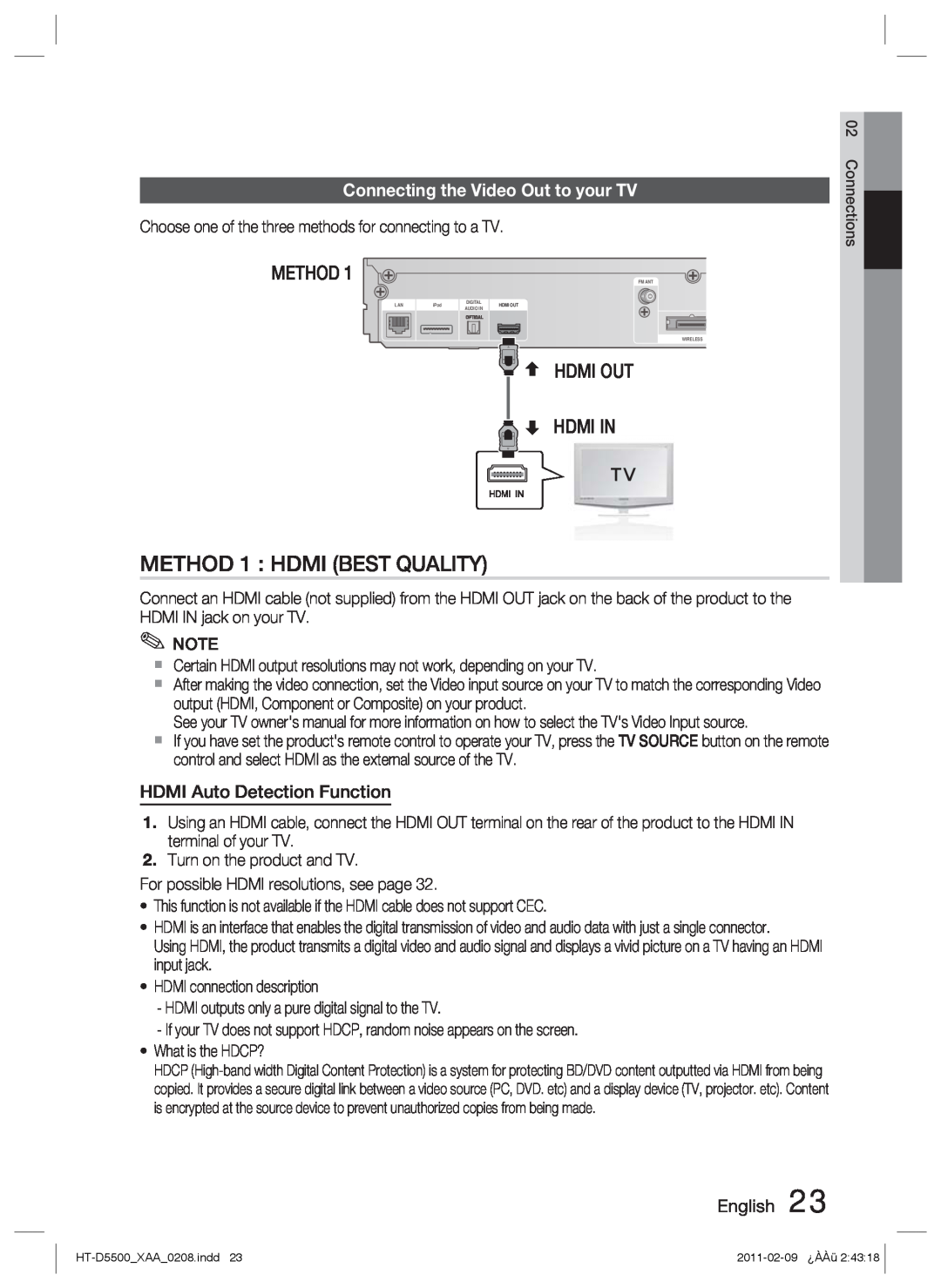 Samsung D5500 user manual METHOD 1 : HDMI BEST QUALITY, Method, Hdmi Out Hdmi In, Connecting the Video Out to your TV 