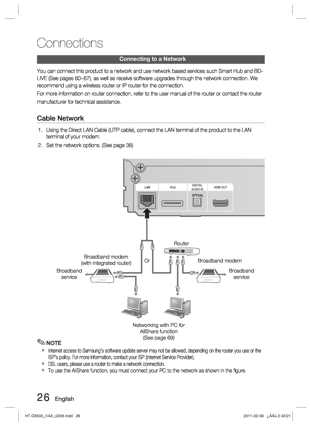 Samsung D5500 user manual Cable Network, Connecting to a Network, Connections 