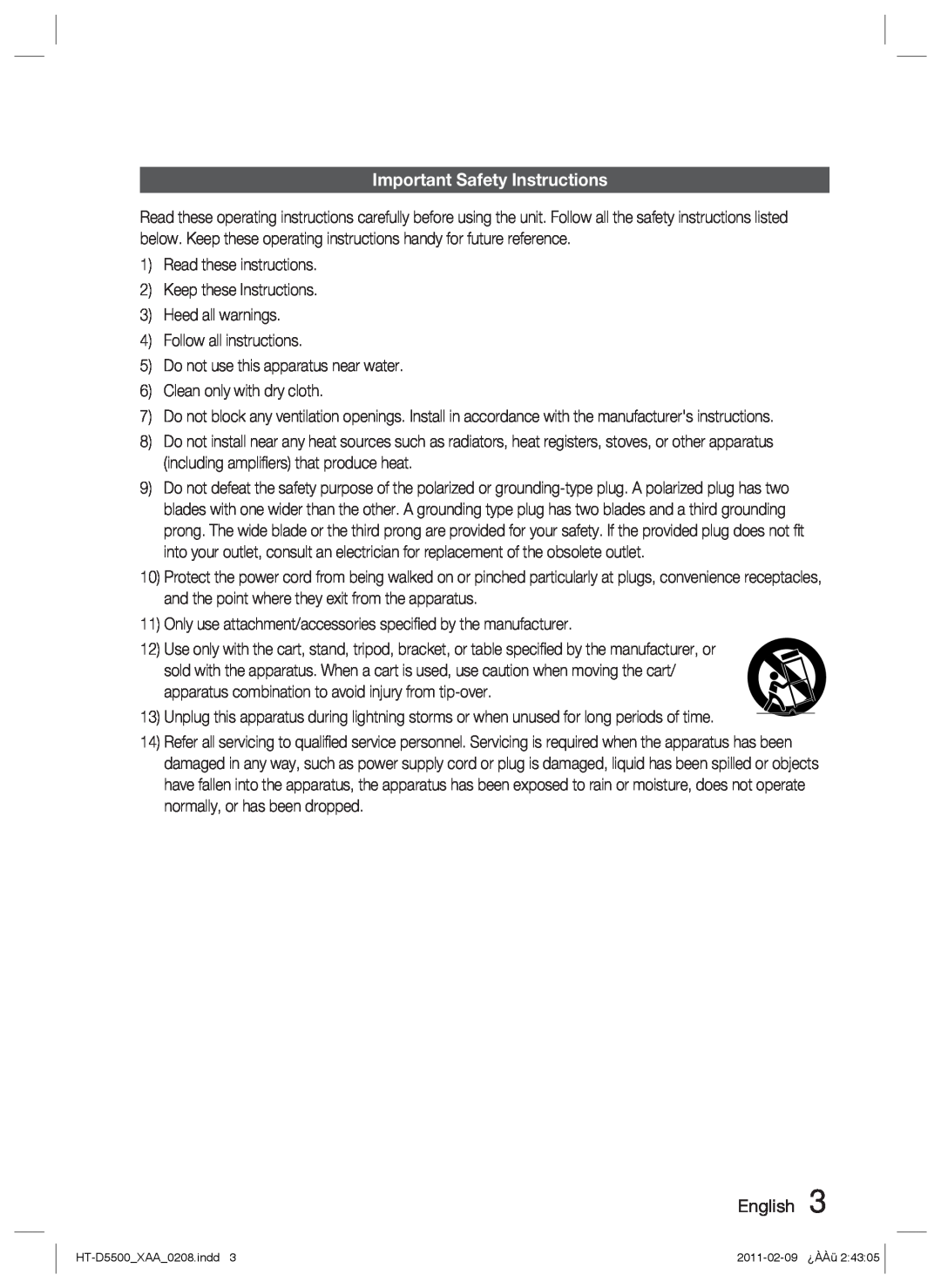Samsung D5500 user manual Important Safety Instructions, English 
