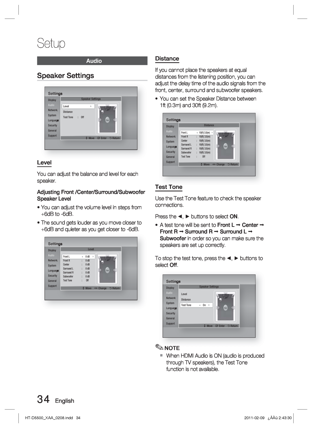Samsung D5500 user manual Speaker Settings, Audio, Setup 