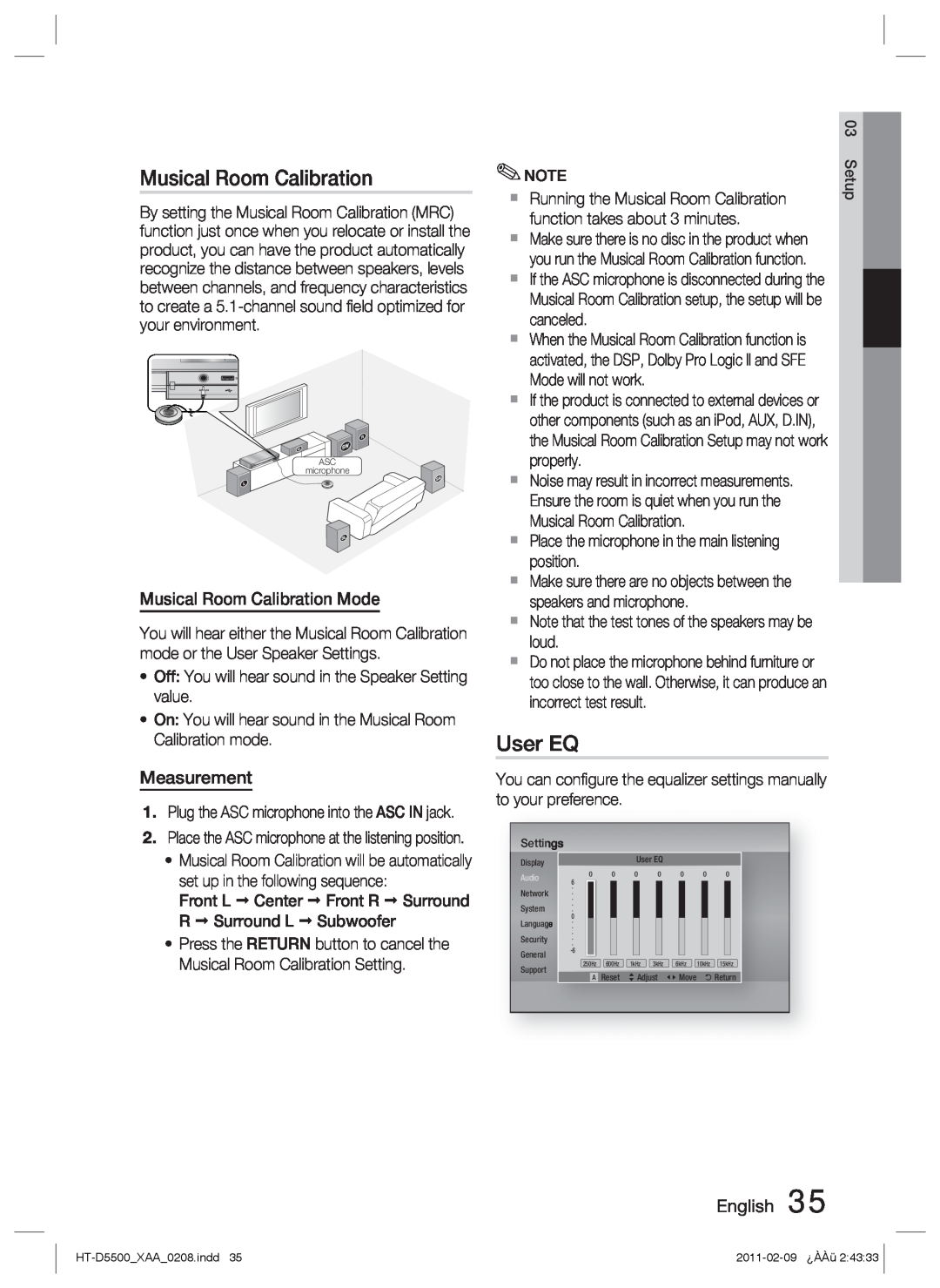 Samsung D5500 user manual User EQ, Musical Room Calibration Mode, Measurement, English 