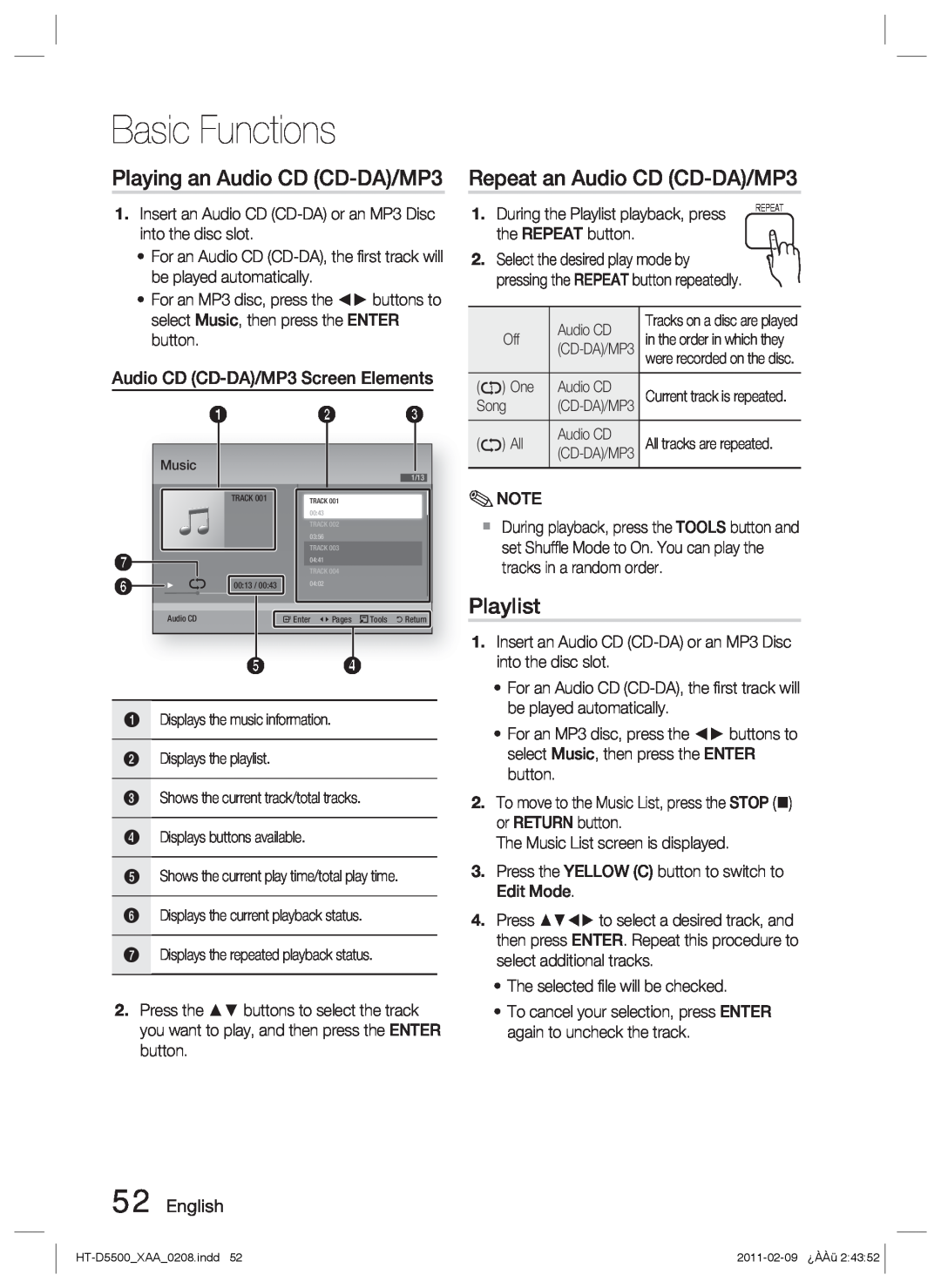 Samsung D5500 user manual Playing an Audio CD CD-DA/MP3, Repeat an Audio CD CD-DA/MP3, Playlist, 7 6 +, Basic Functions 