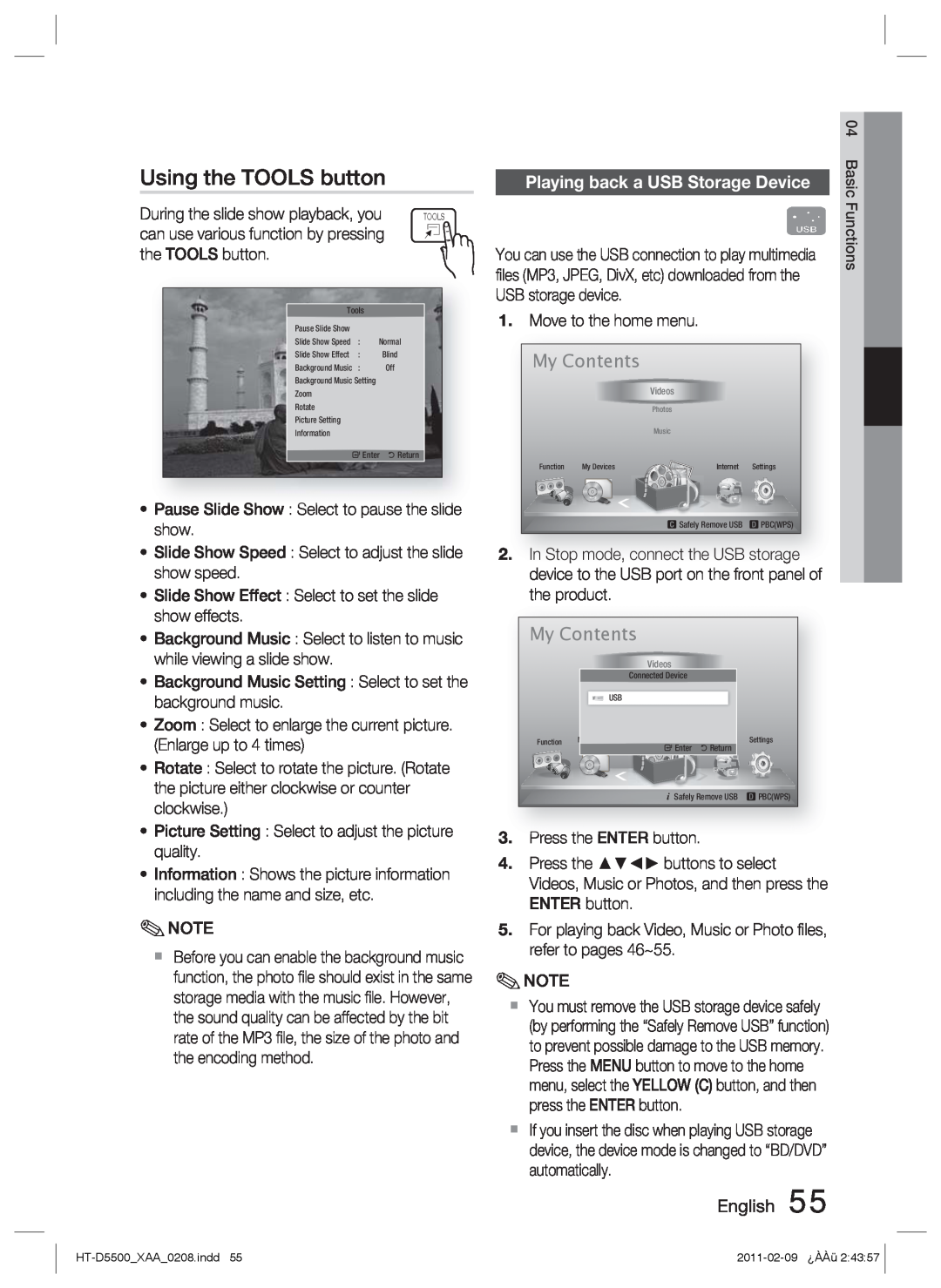 Samsung D5500 user manual Using the TOOLS button, Playing back a USB Storage Device, My Contents 