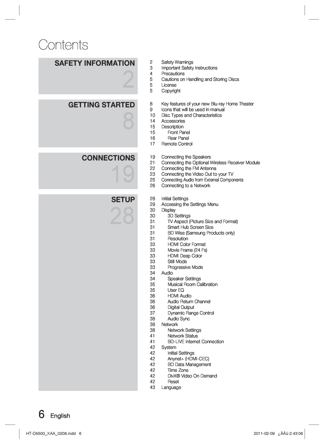 Samsung D5500 user manual Contents, Getting Started, Connections, Setup, Safety Information 