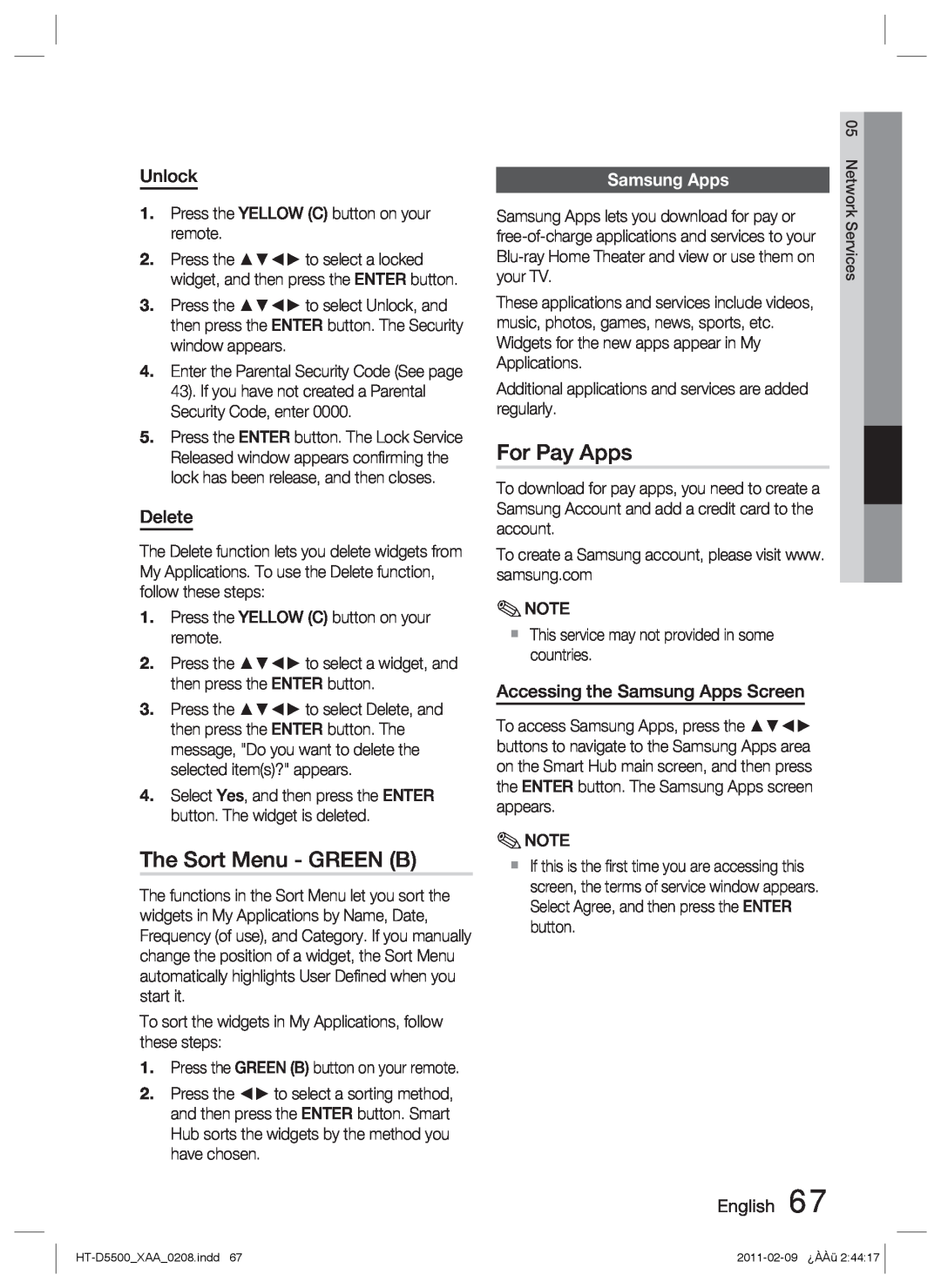 Samsung D5500 user manual The Sort Menu - GREEN B, For Pay Apps, Samsung Apps 