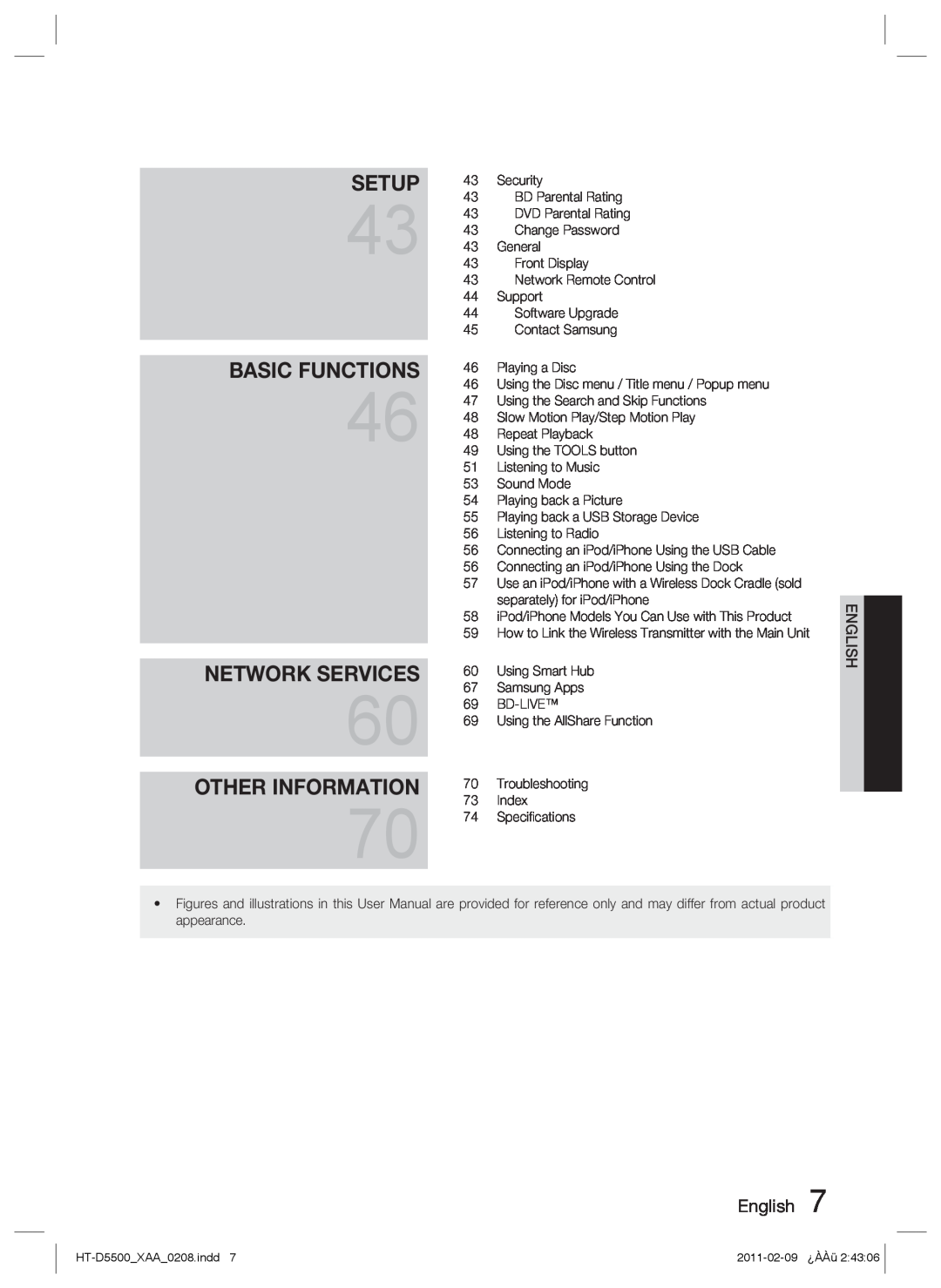 Samsung D5500 user manual Basic Functions, Network Services, Other Information, Setup, English 