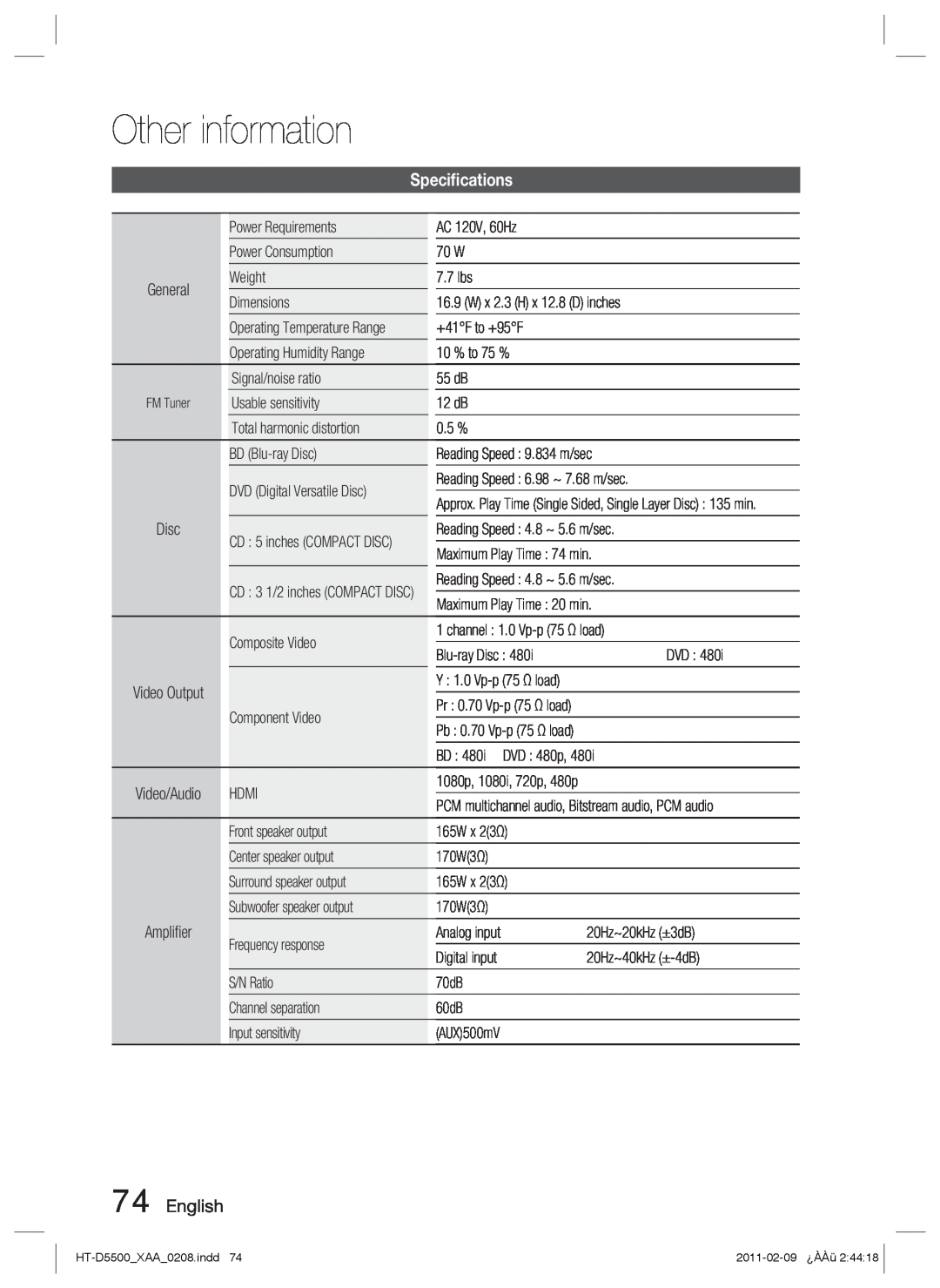 Samsung D5500 user manual Speciﬁcations, Other information, English 
