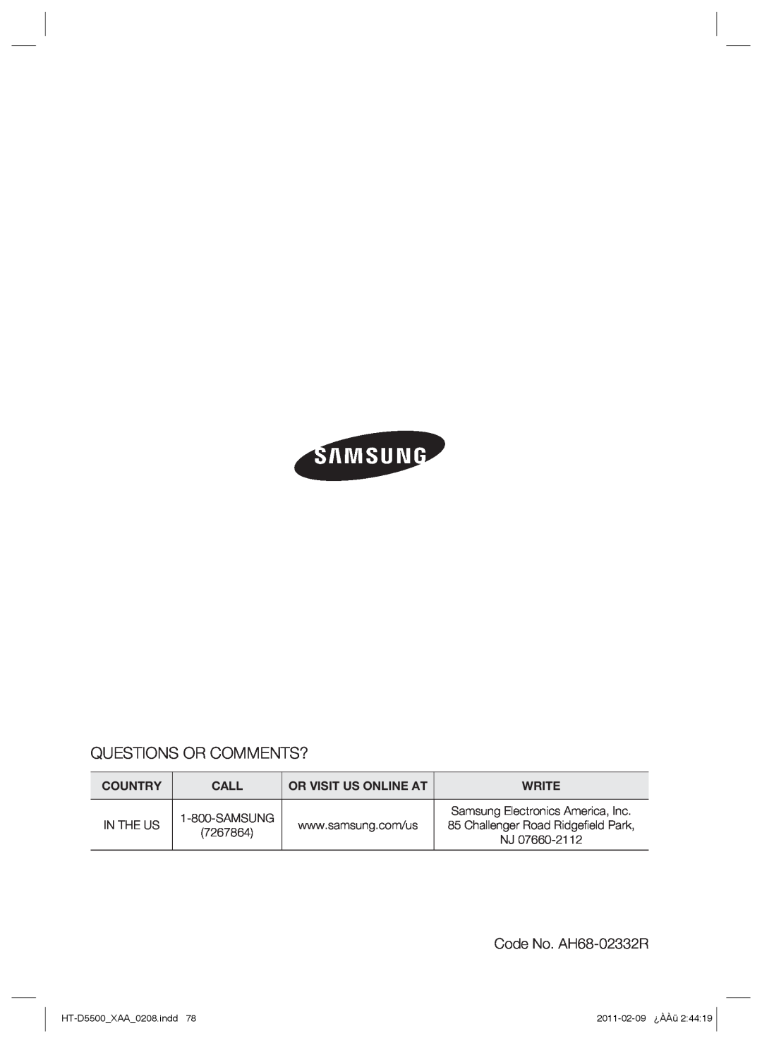 Samsung Questions Or Comments?, Country, Call, Or Visit Us Online At, Write, HT-D5500_XAA_0208.indd78, 2011-02-09¿ÀÀü 2 