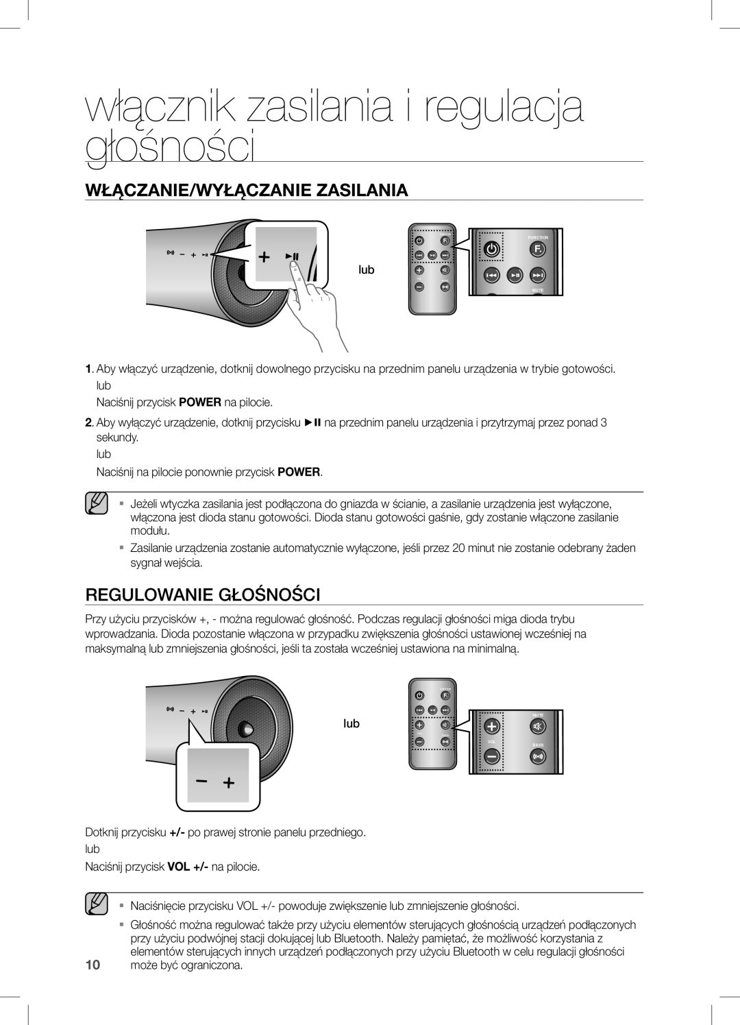 Samsung DA-E550/ZF, DA-E550/EN, DA-E550/XE manual Włącznik zasilania i regulacja głośności, Regulowanie Głośności 