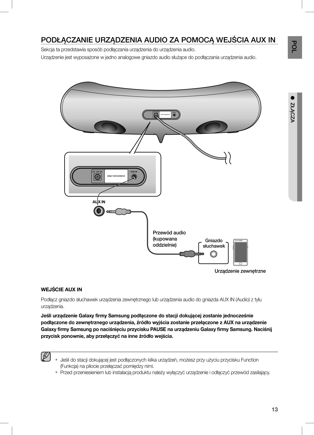 Samsung DA-E550/ZF, DA-E550/EN, DA-E550/XE manual PODłĄcZanie URZĄDZenia aUDiO Za POMOcĄ WejŚcia aUX, WeJŚcIe aUX 