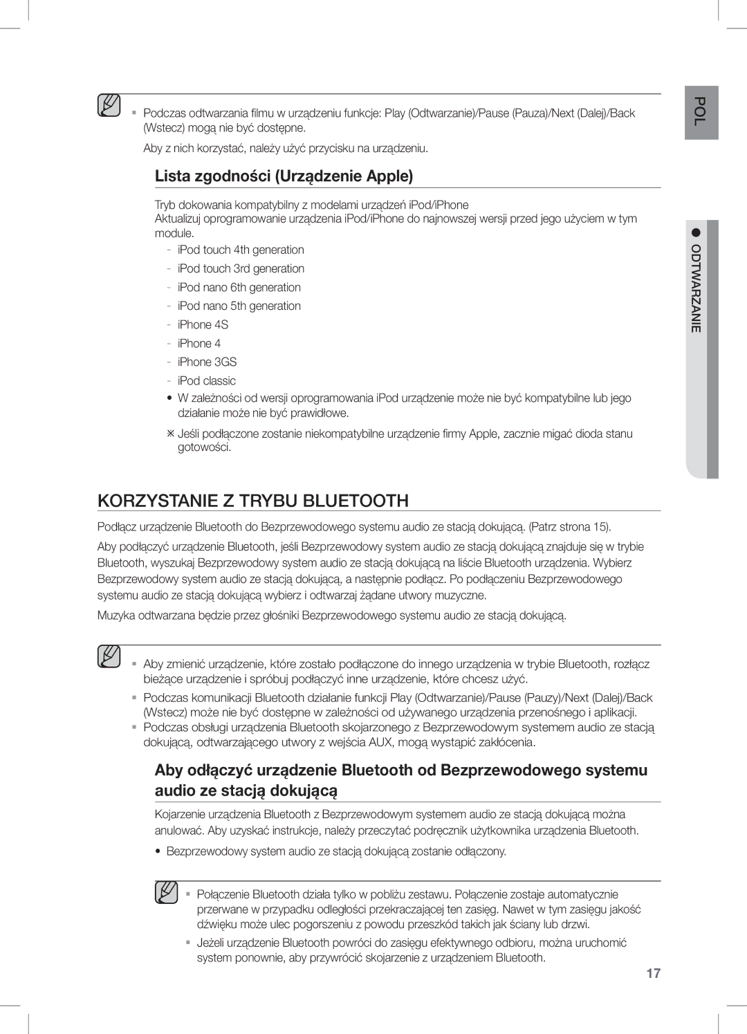 Samsung DA-E550/XE, DA-E550/EN, DA-E550/ZF manual Korzystanie Z Trybu Bluetooth, Lista zgodności Urządzenie Apple 