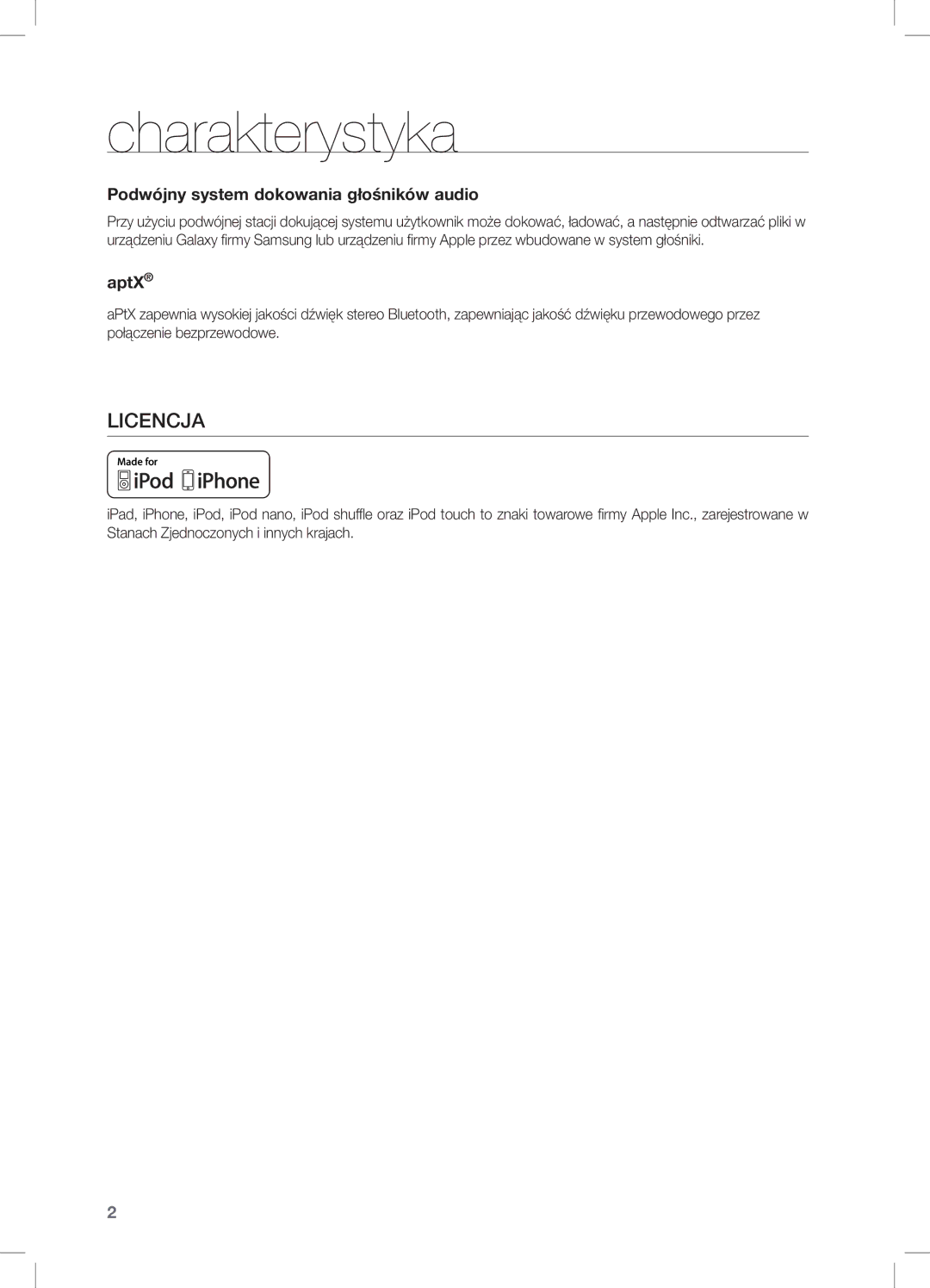 Samsung DA-E550/XE, DA-E550/EN, DA-E550/ZF manual Charakterystyka, Licencja, Podwójny system dokowania głośników audio, AptX 