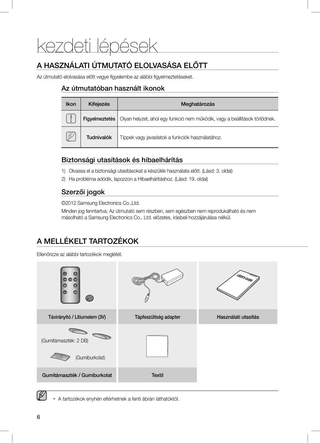 Samsung DA-E550/EN, DA-E550/ZF, DA-E550/XE manual Kezdeti lépések, Használati útmutató elolvasása előtt, Mellékelt Tartozékok 