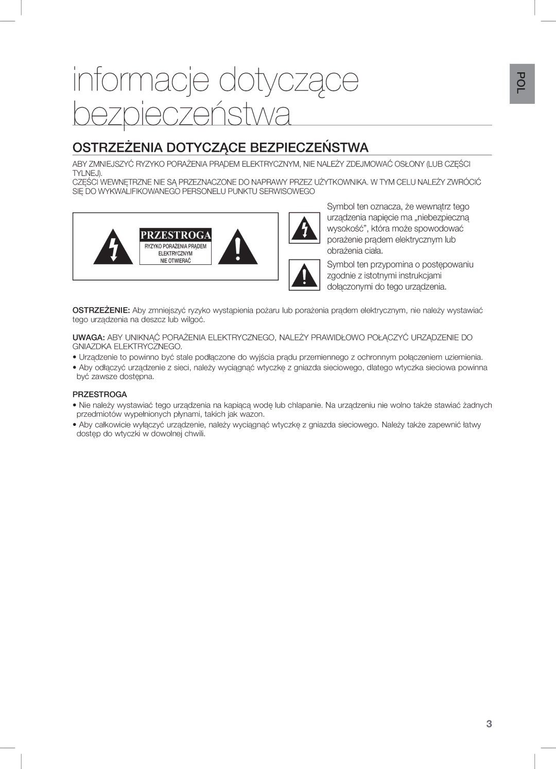 Samsung DA-E550/EN, DA-E550/ZF, DA-E550/XE manual Informacje dotyczące bezpieczeństwa, Ostrzeżenia Dotyczące Bezpieczeństwa 