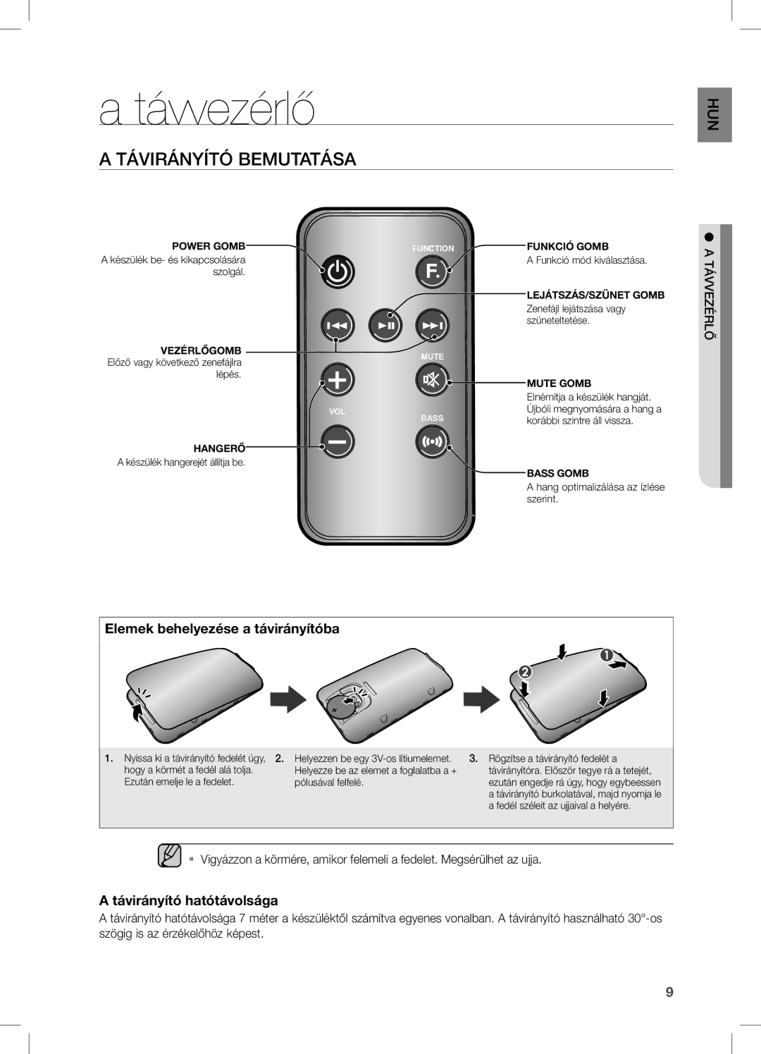 Samsung DA-E550/EN manual Távvezérlő, Távirányító Bemutatása, Elemek behelyezése a távirányítóba, Távirányító hatótávolsága 