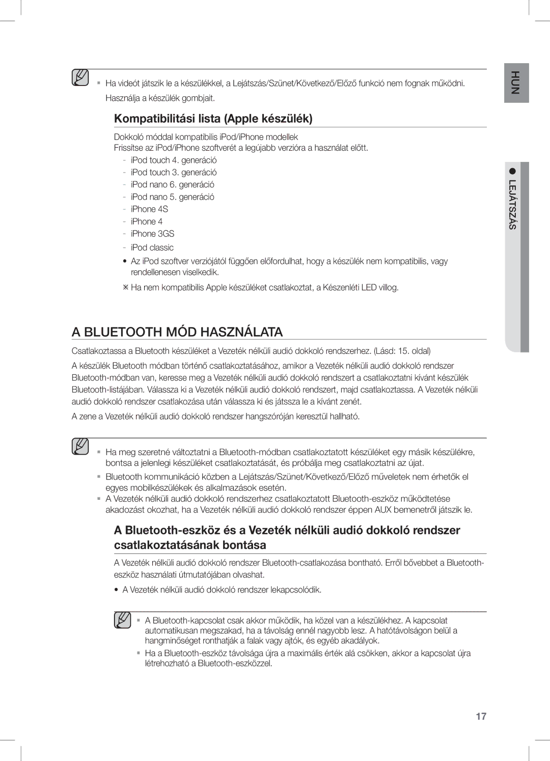 Samsung DA-E550/XE, DA-E550/EN, DA-E550/ZF manual Bluetooth MÓD Használata, Kompatibilitási lista Apple készülék 