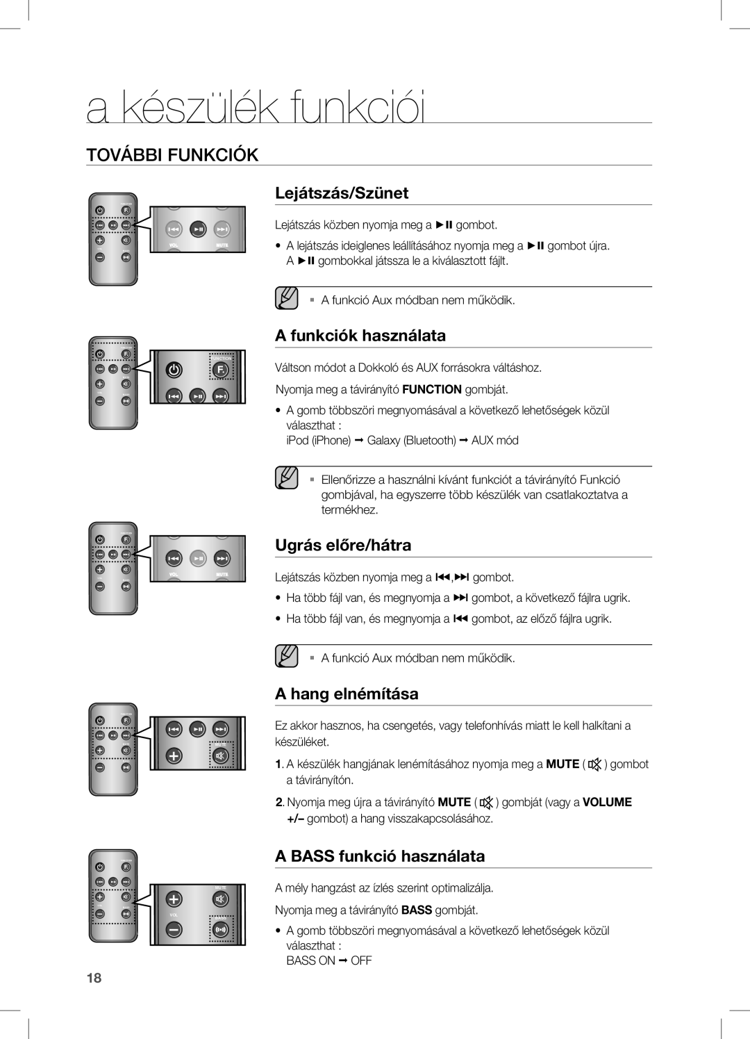 Samsung DA-E550/EN, DA-E550/ZF, DA-E550/XE manual Készülék funkciói, További Funkciók 