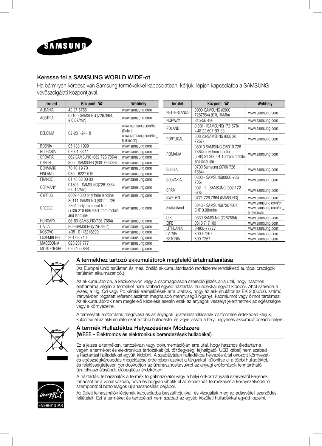 Samsung DA-E550/EN, DA-E550/ZF, DA-E550/XE manual Termékhez tartozó akkumulátorok megfelelő ártalmatlanítása 