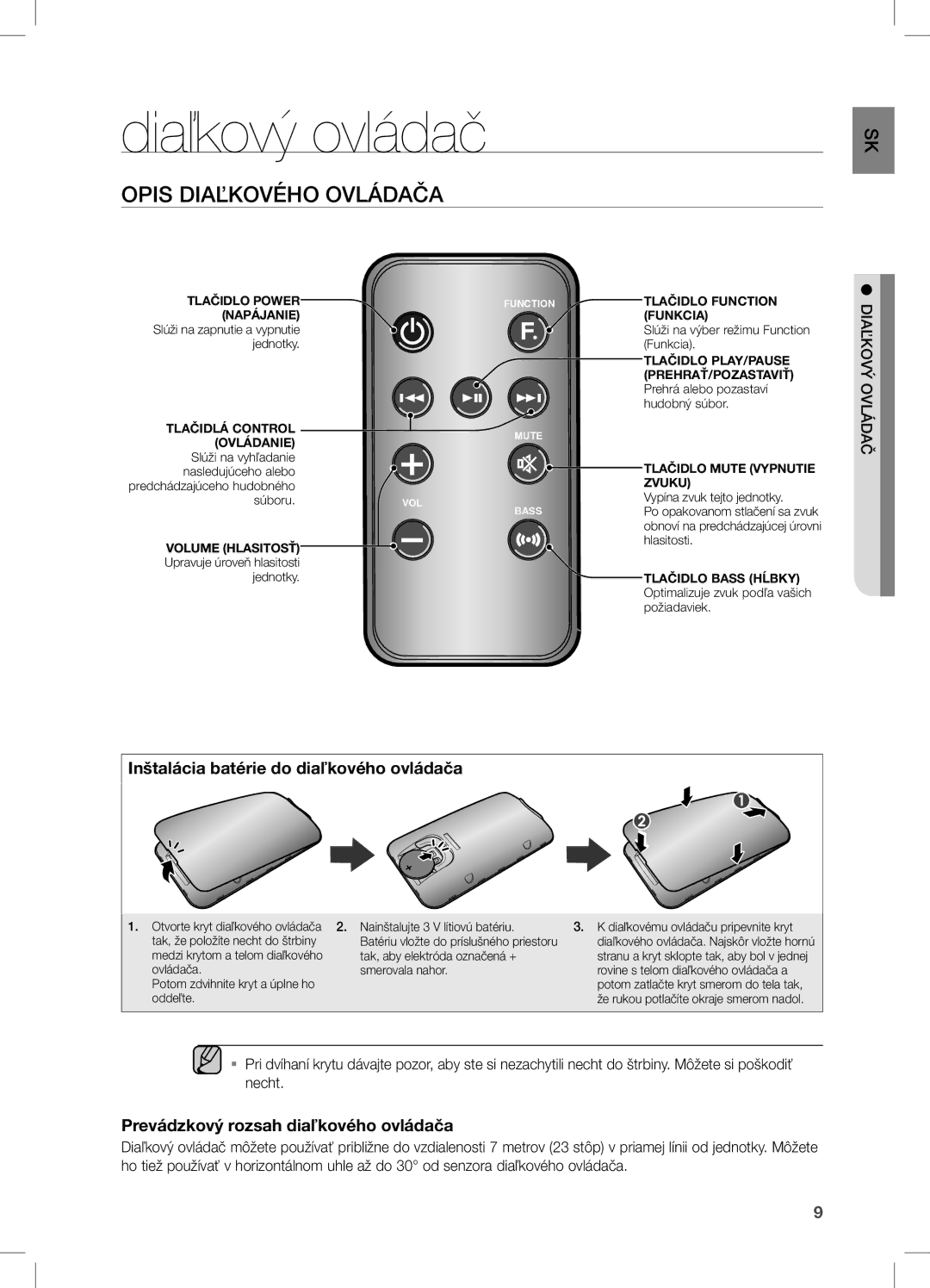 Samsung DA-E550/EN, DA-E550/ZF manual Diaľkový ovládač, Opis Diaľkového Ovládača, Inštalácia batérie do diaľkového ovládača 