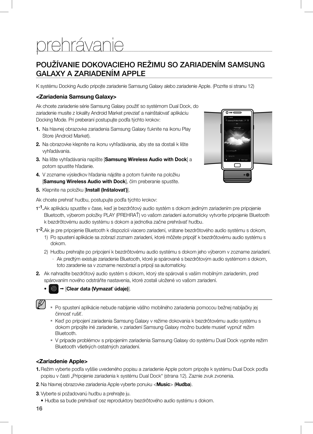 Samsung DA-E550/ZF, DA-E550/EN Prehrávanie, Používanie Dokovacieho Režimu SO Zariadením samsung, Galaxy a Zariadením Apple 