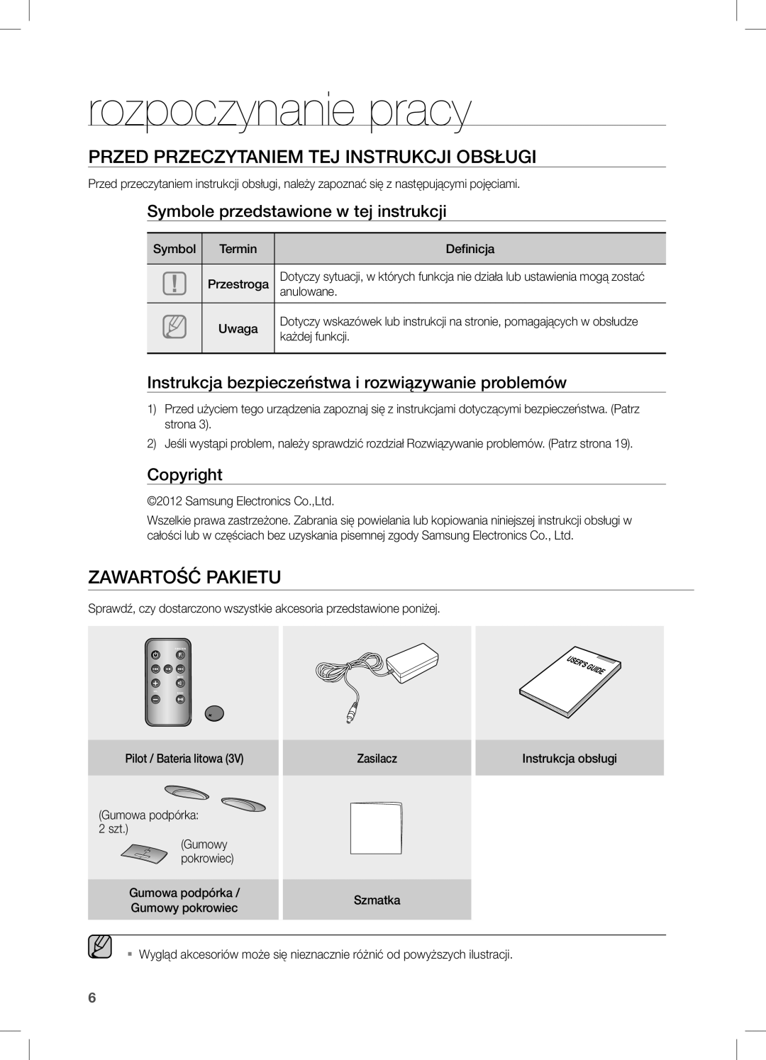 Samsung DA-E550/EN, DA-E550/ZF manual Rozpoczynanie pracy, Przed przeczytaniem tej instrukcji obsługi, Zawartość Pakietu 