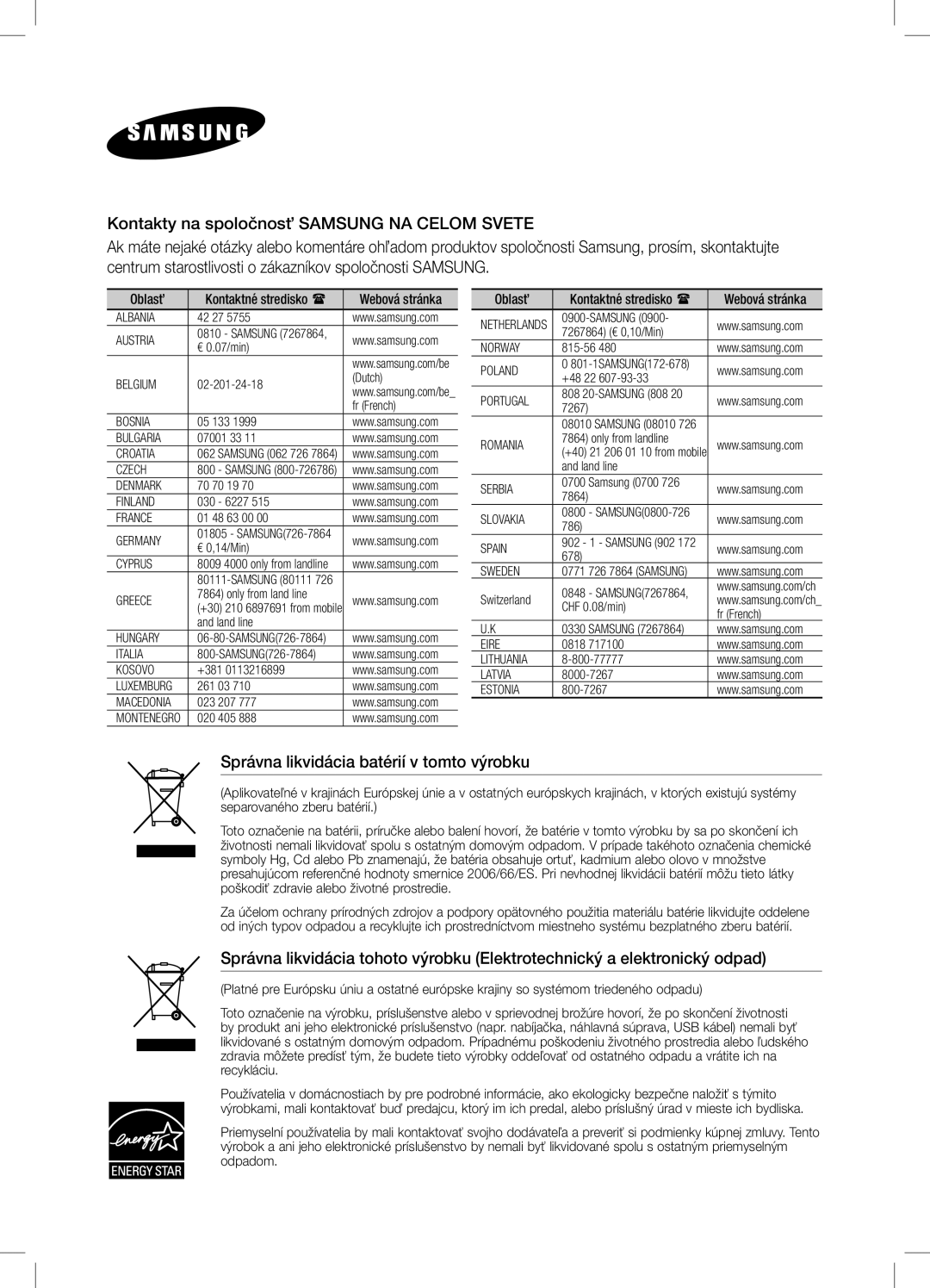 Samsung DA-E550/EN, DA-E550/ZF, DA-E550/XE manual Správna likvidácia batérií v tomto výrobku 