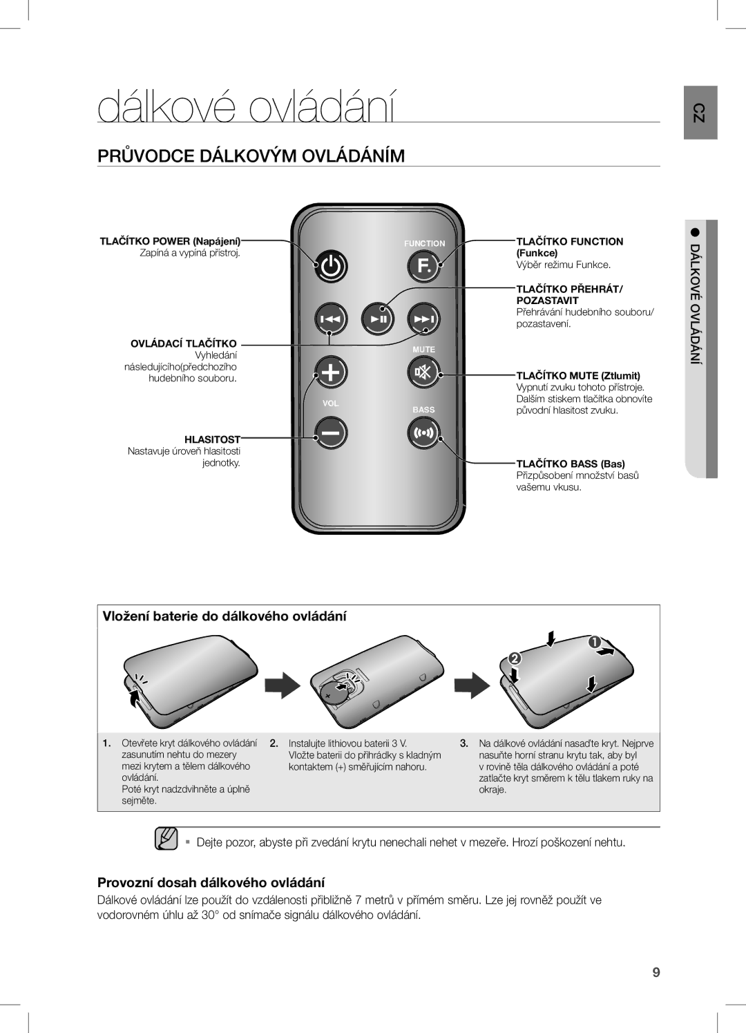 Samsung DA-E550/EN, DA-E550/ZF manual Dálkové ovládání, Průvodce Dálkovým Ovládáním, Vložení baterie do dálkového ovládání 