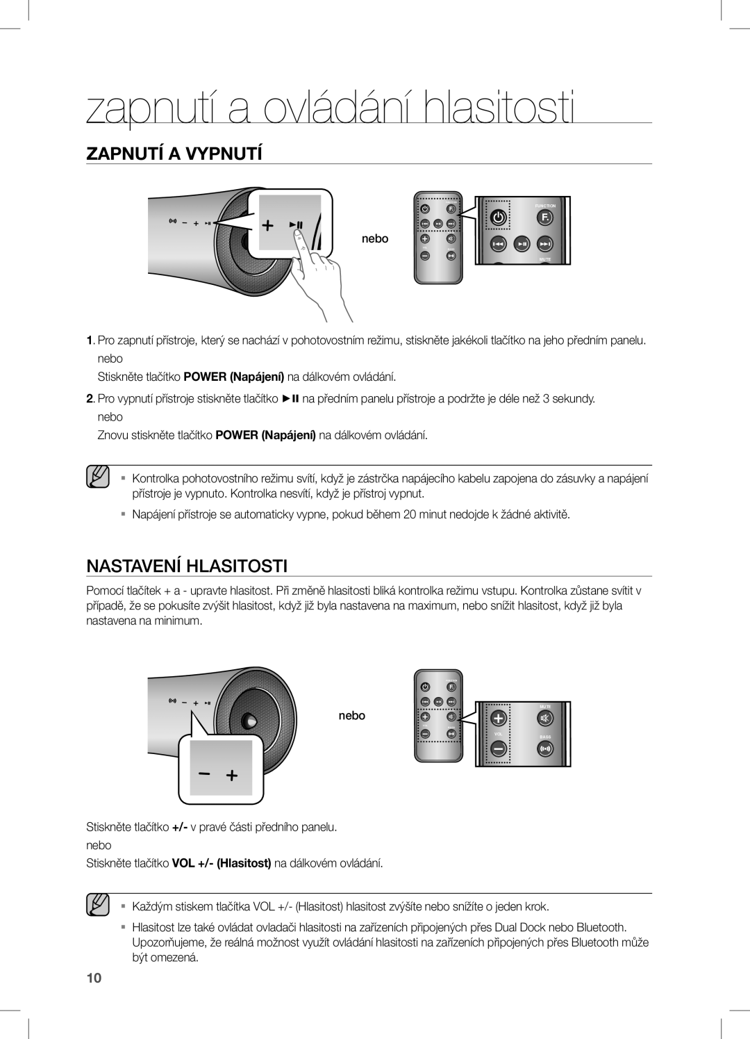 Samsung DA-E550/ZF, DA-E550/EN, DA-E550/XE manual Zapnutí a ovládání hlasitosti, Nastavení Hlasitosti 