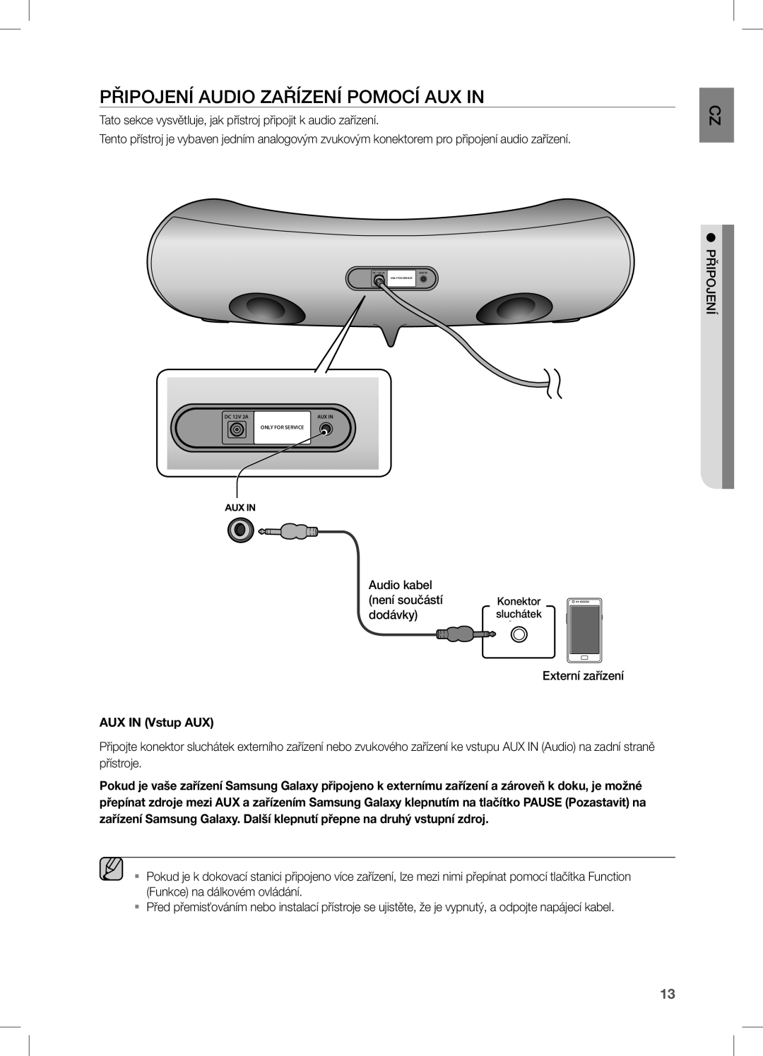 Samsung DA-E550/ZF, DA-E550/EN, DA-E550/XE manual PřiPOJenÍ AUDiO ZAřÍZenÍ POMOcÍ AUX, AUX in Vstup AUX 