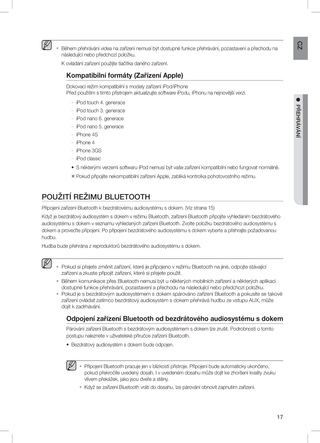 Samsung DA-E550/XE, DA-E550/EN, DA-E550/ZF manual Použití Režimu Bluetooth, Kompatibilní formáty Zařízení Apple 